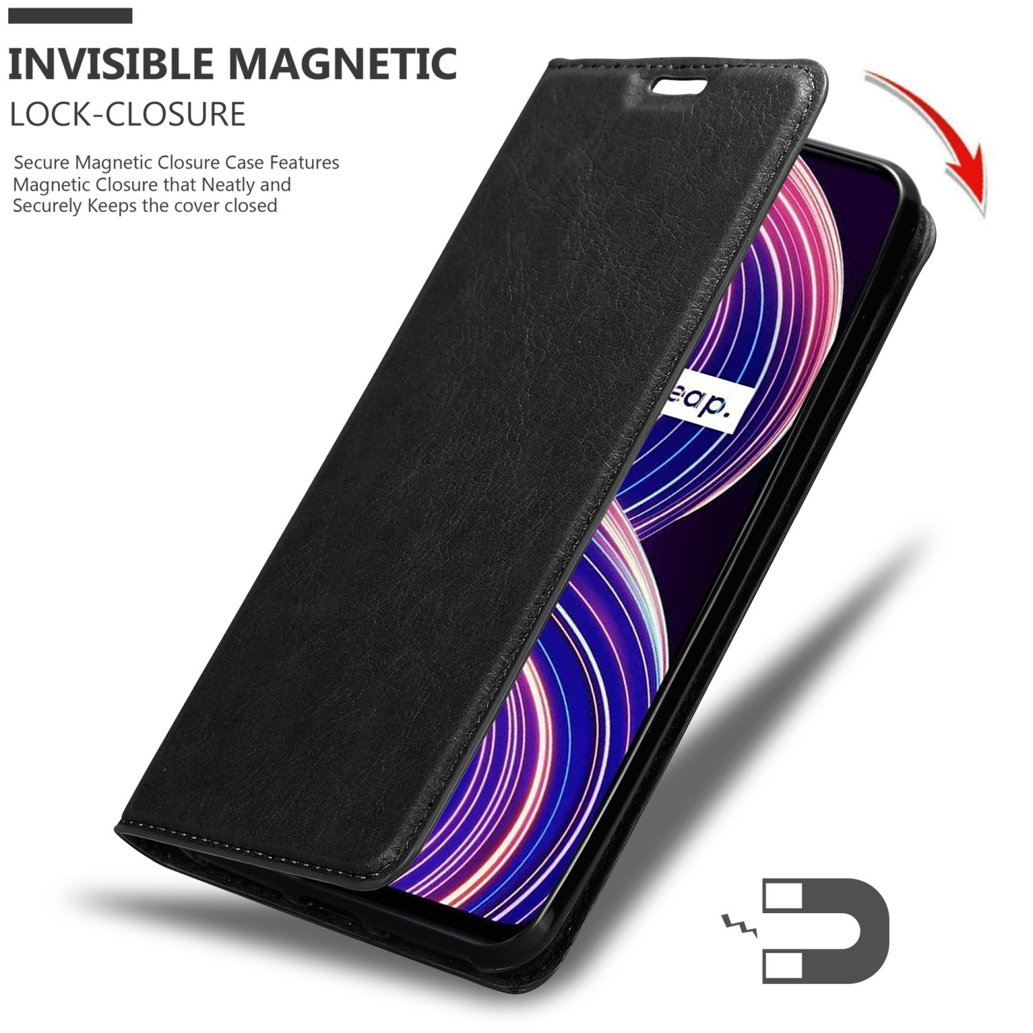 Custodia per telefono nera aperta per rivelare un telefono. Simbolo del magnete, freccia mostra l'apertura.