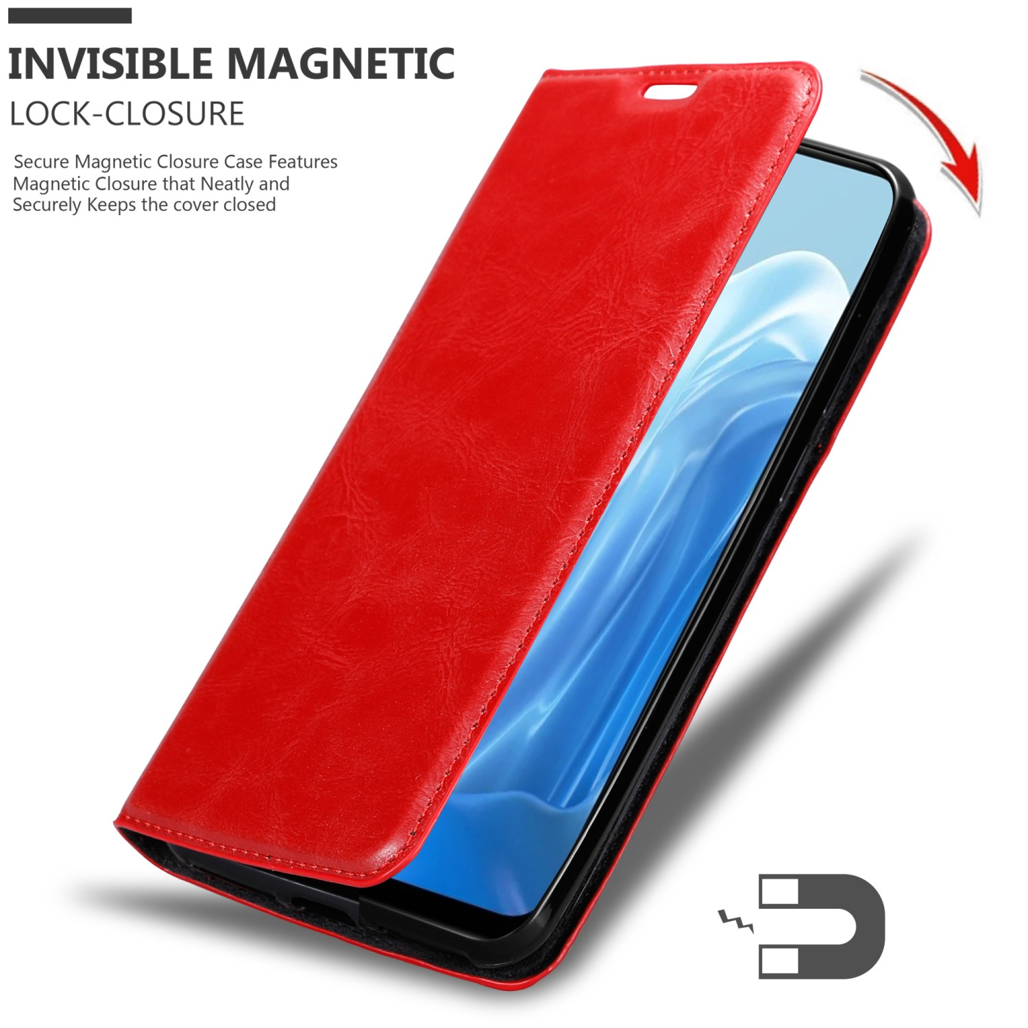 Custodia rossa per telefono con telefono all'interno, che mostra la chiusura magnetica.