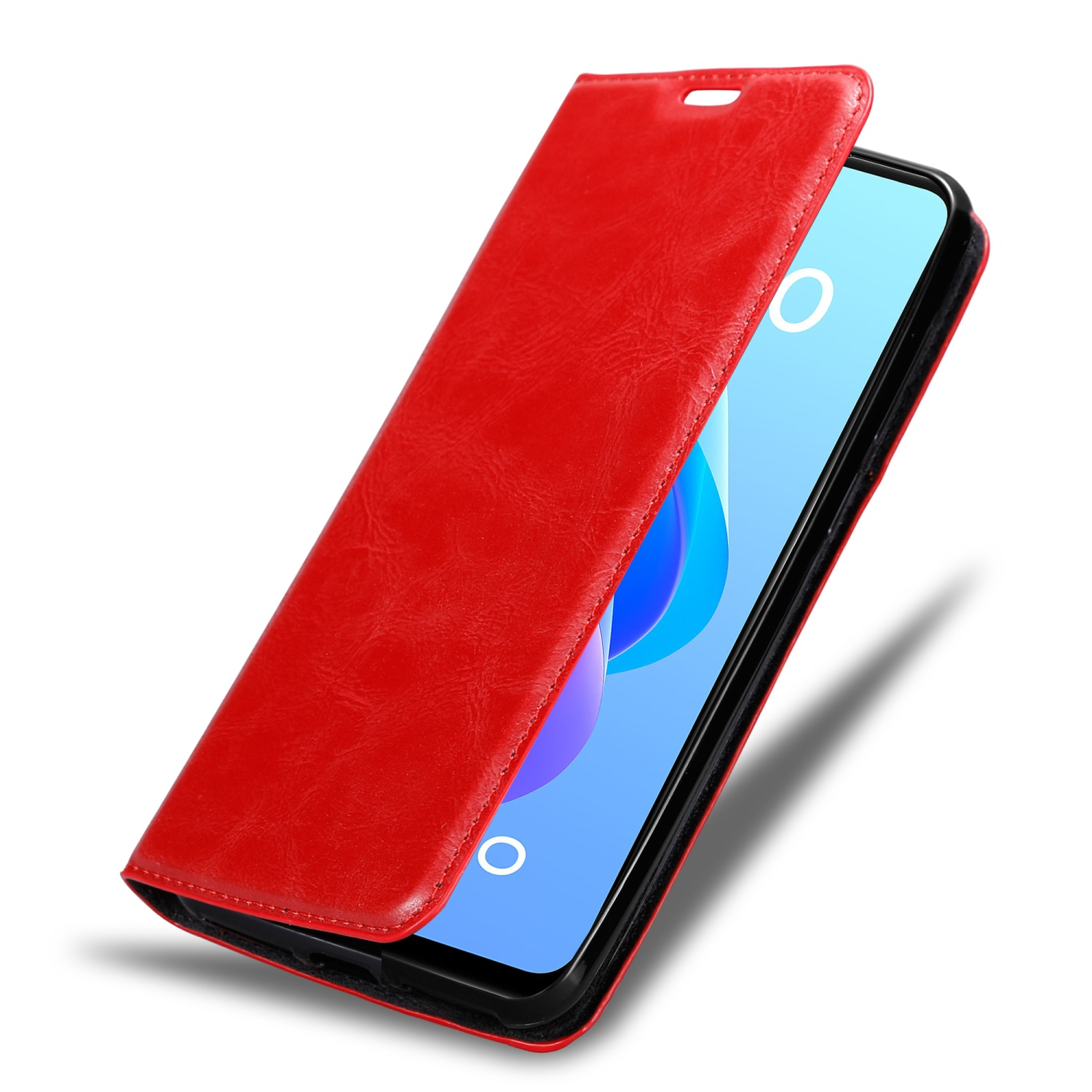 Rote Handyhülle, geöffnet, um den Telefonbildschirm zu zeigen. Der Bildschirm zeigt einen blauen Hintergrund.