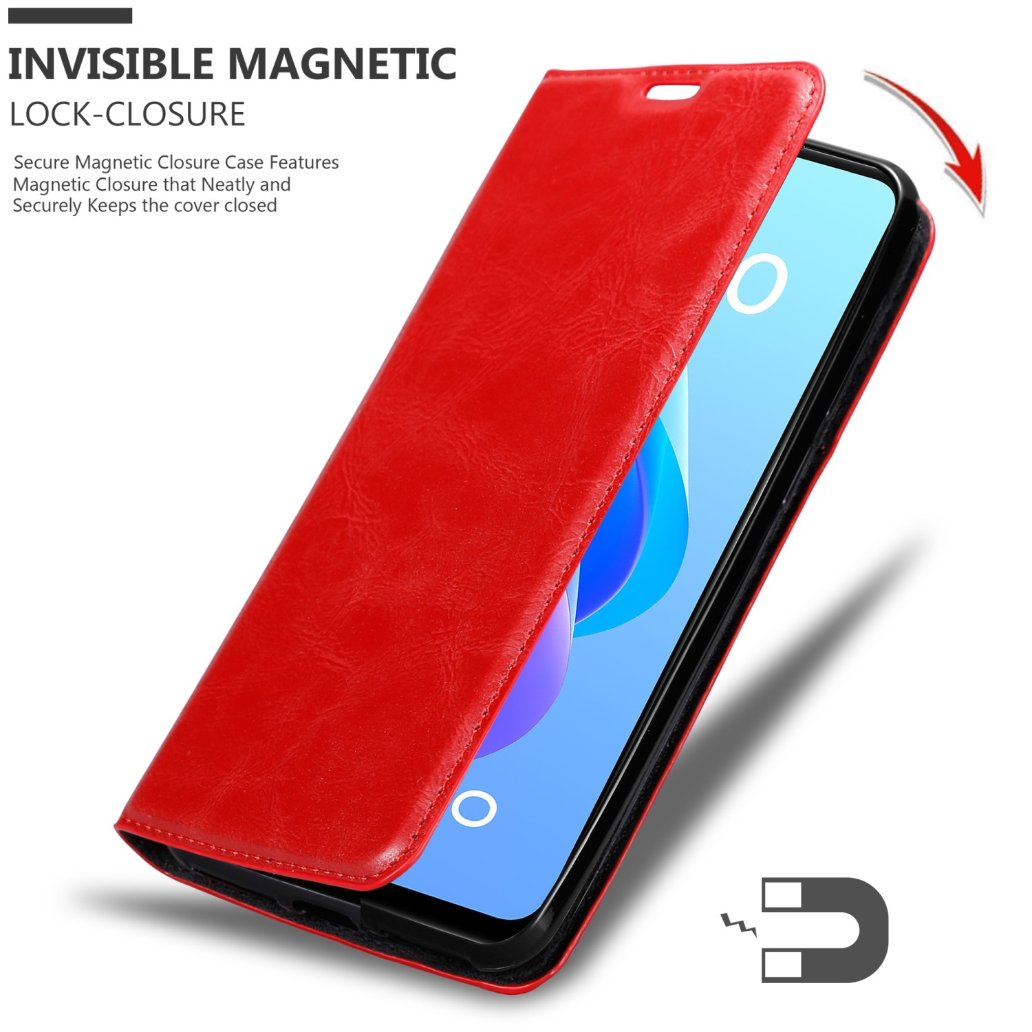 Custodia rossa per telefono, aperta con telefono all'interno. Chiusura magnetica evidenziata.