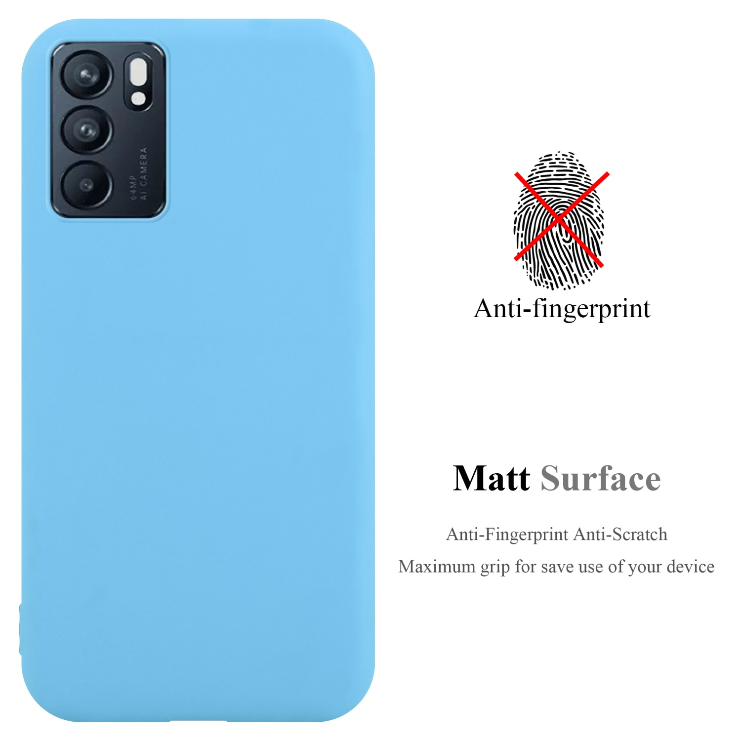 Blaue Handyhülle. Anti-Fingerabdruck und Anti-Kratzer. Matte Oberfläche. Die Handyhülle ist hellblau.