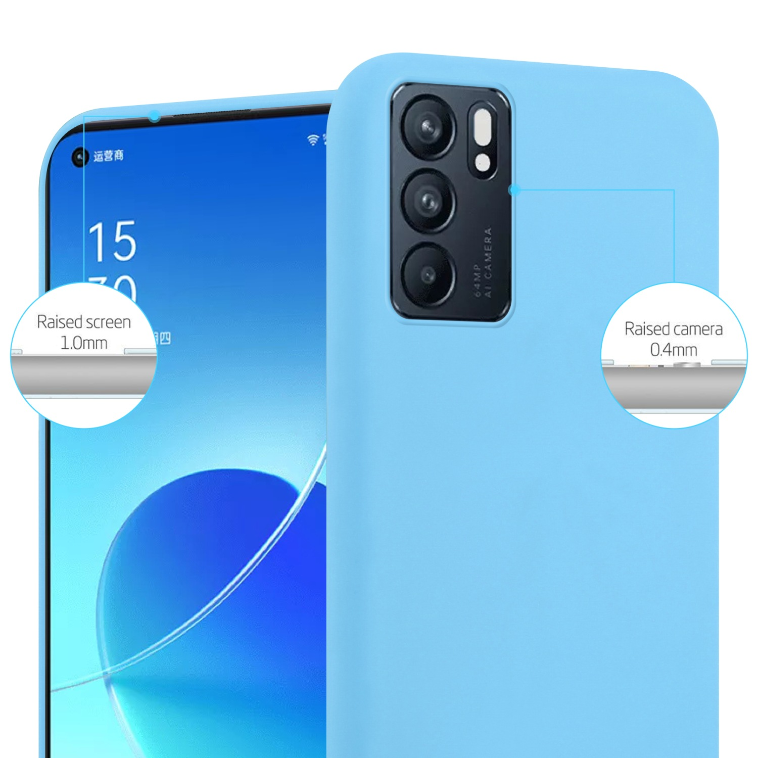 Blaue Handyhülle. Das Telefon zeigt einen erhöhten Bildschirm und eine Kamera. Es hat drei Kameras.