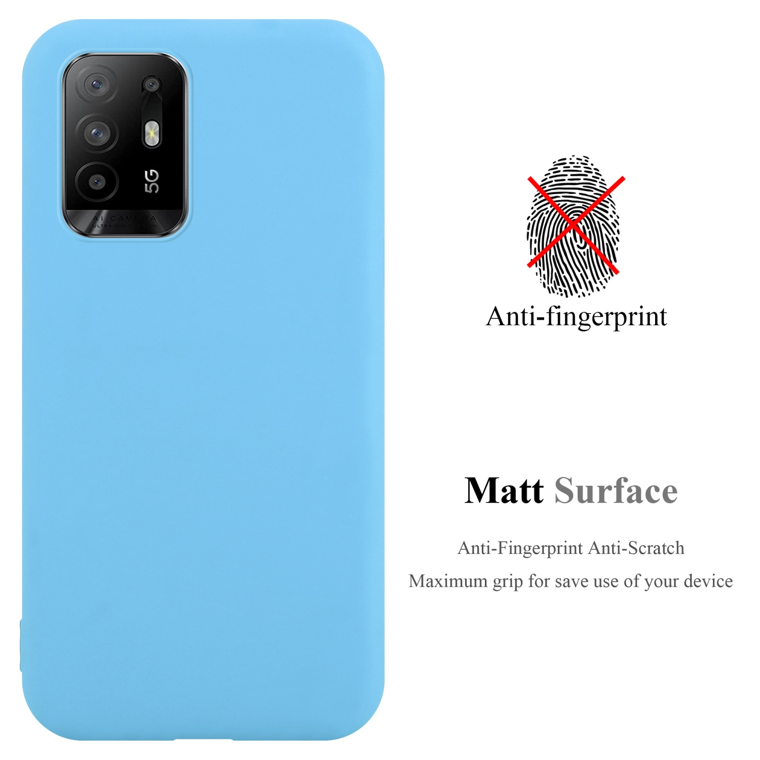 Hellblaue Handyhülle. Anti-Fingerabdruck, matte Oberfläche. Das Telefon hat eine Dreifachkamera.