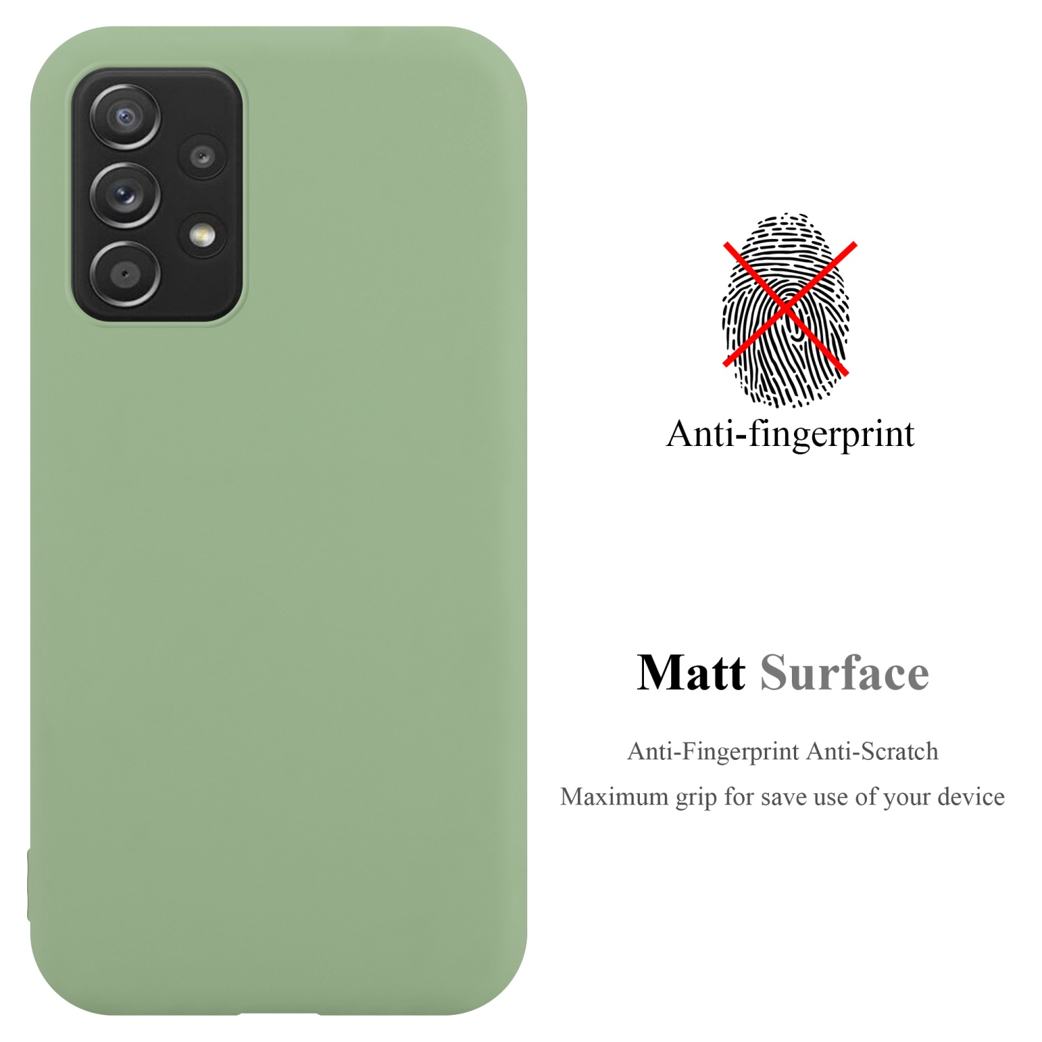 Eine grüne Handyhülle mit einem Telefon darin. Auf der rechten Seite steht 'Matt Surface'.