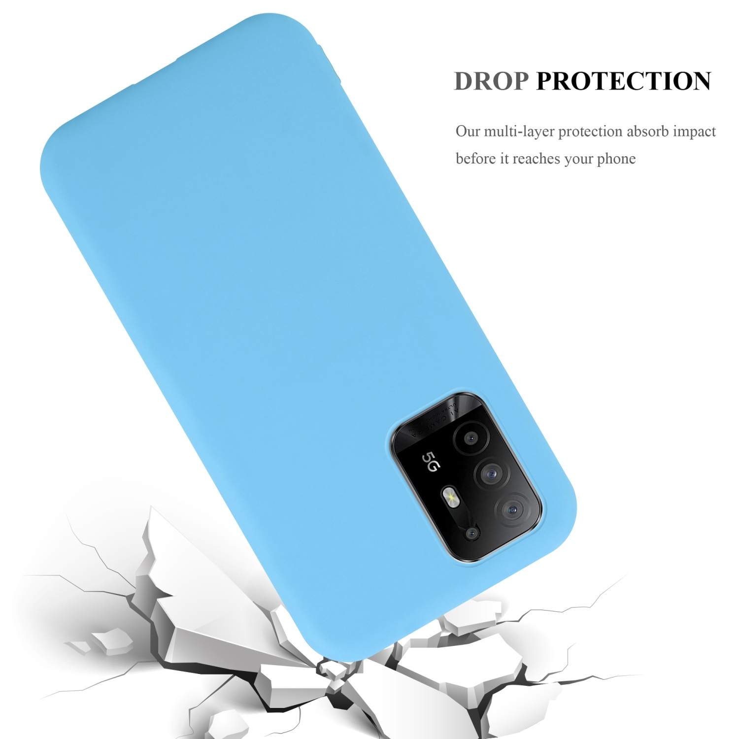 Blaue Handyhülle mit einem Telefon darin. Weißer Hintergrund. Text: Tropfschutz. Bild eines zerbrochenen Bodens.