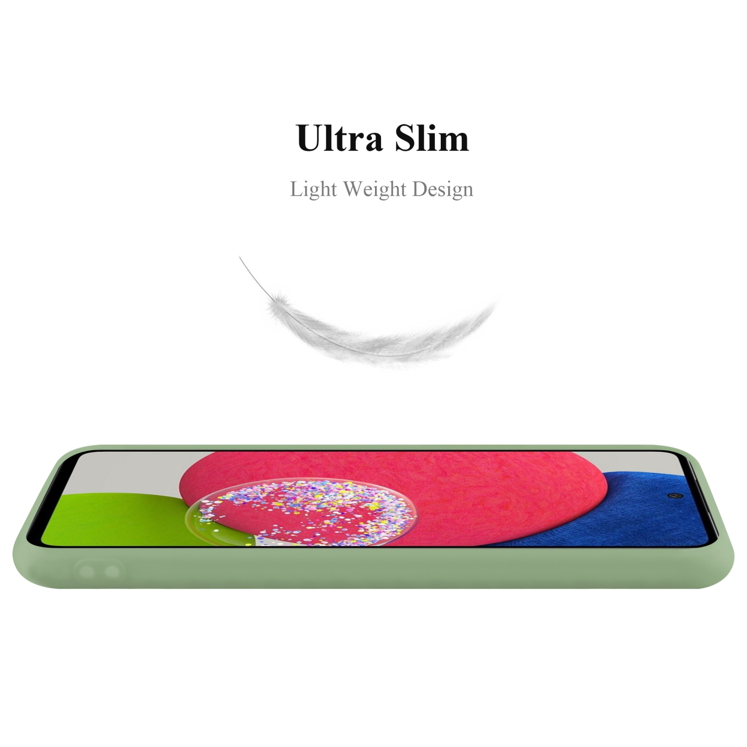 Grüne Handyhülle. Eine weiße Feder schwebt darüber. Der Text lautet: Ultra Slim, Light Weight Design.