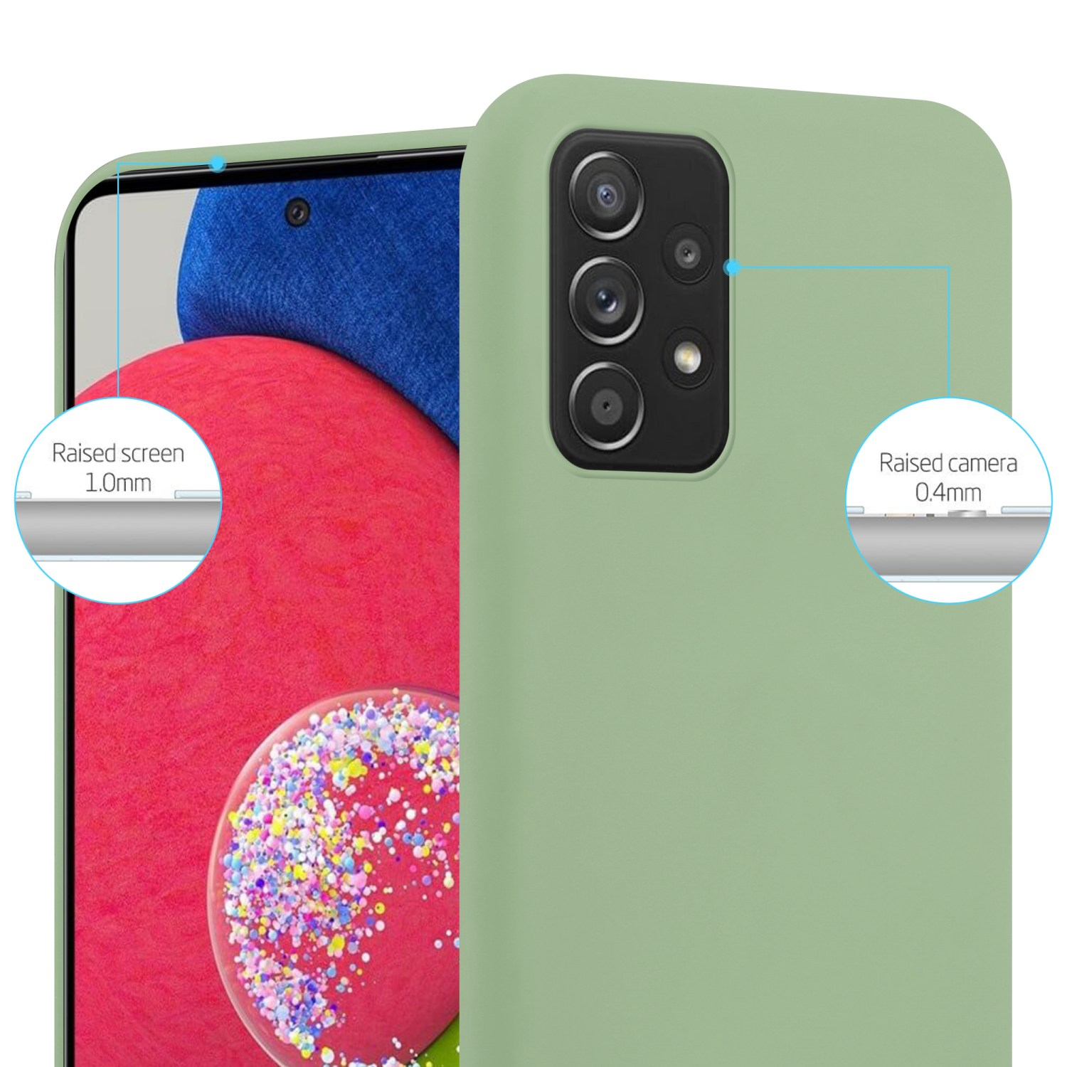 Nahaufnahme einer grünen Handyhülle mit Telefon, zeigt Kamera und Bildschirm.