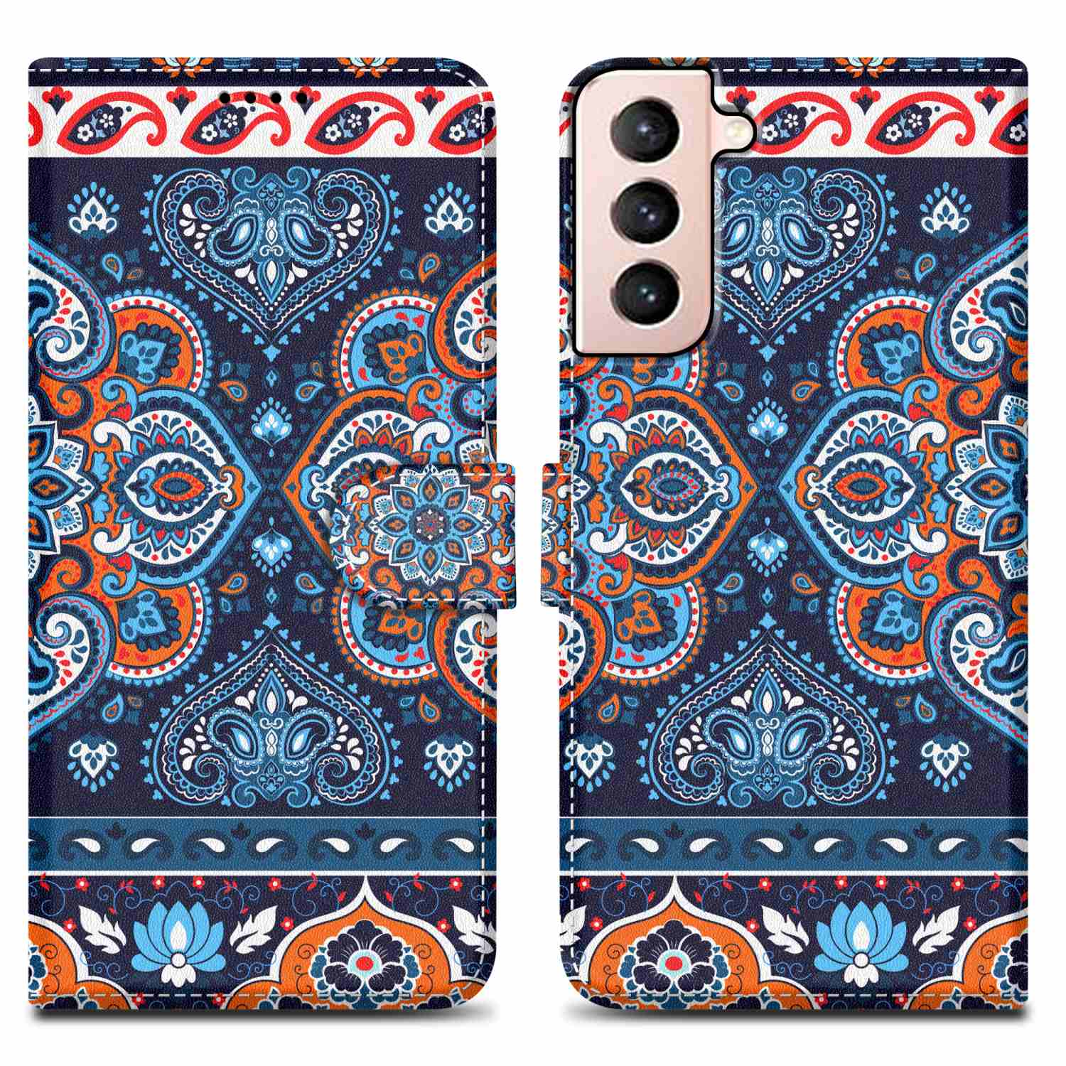Una custodia per telefono con un motivo floreale blu e arancione. Il telefono è all'interno.