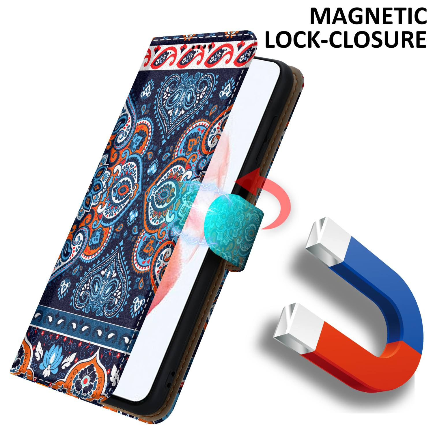 Custodia del telefono aperta, che mostra un telefono con un design colorato. Magnete e custodia collegati.