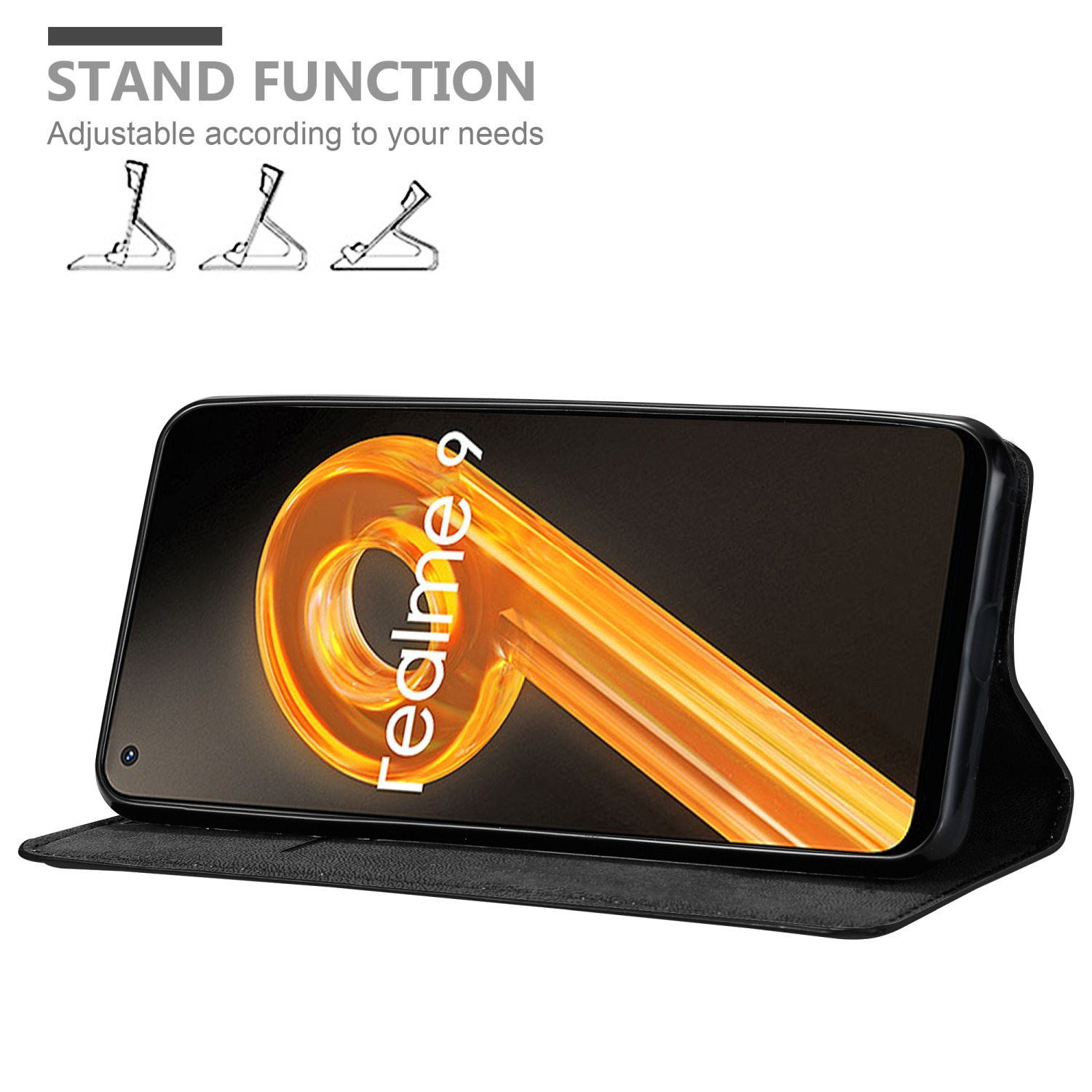 Custodia per telefono con un telefono che mostra Realme 9. Testo: Funzione stand. Tre diagrammi mostrano la funzione stand.
