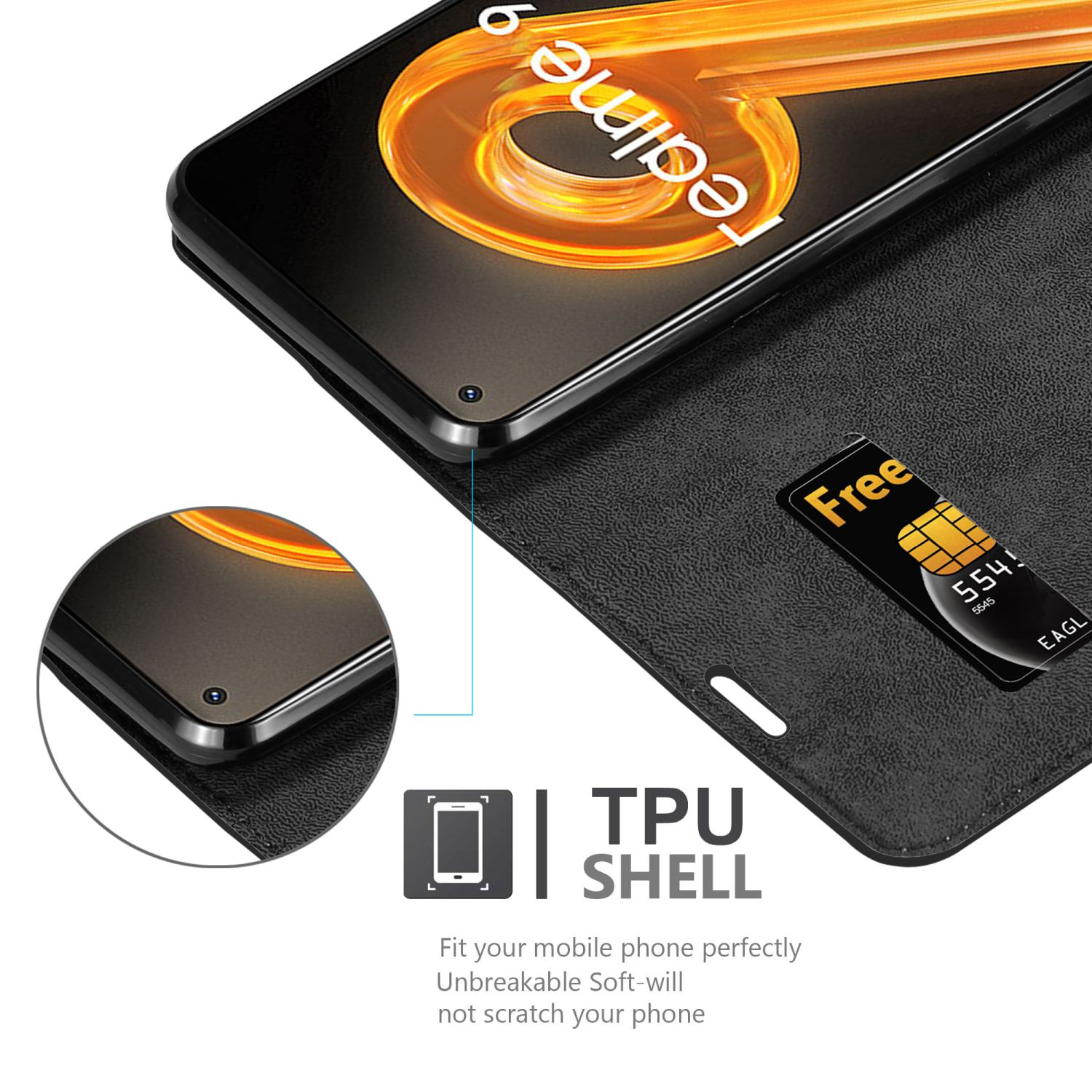 Custodia nera con telefono e SIM. Testo: TPU SHELL.