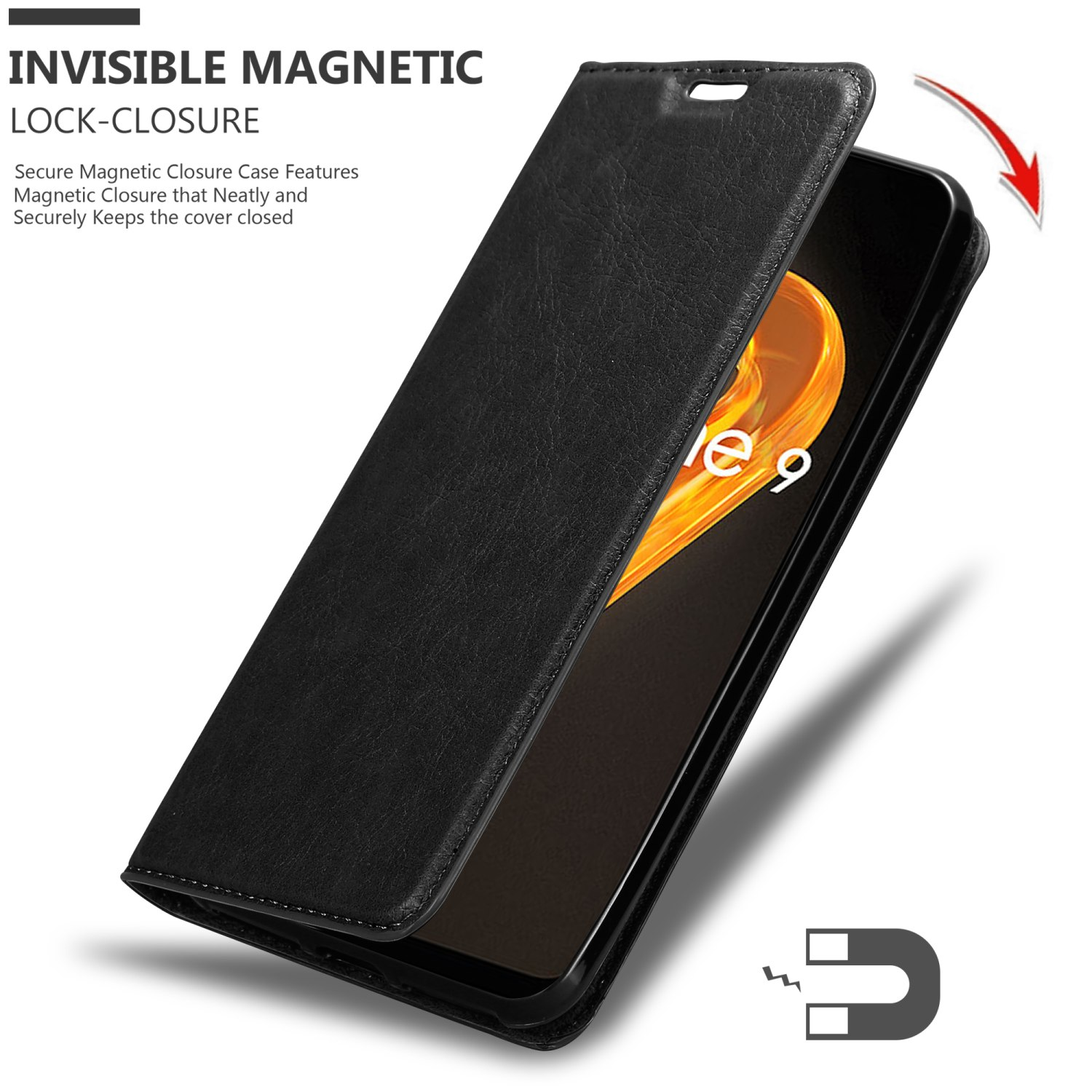 Custodia per telefono nera, aperta. Chiusura magnetica. Schermo del telefono visibile. Sfondo bianco.