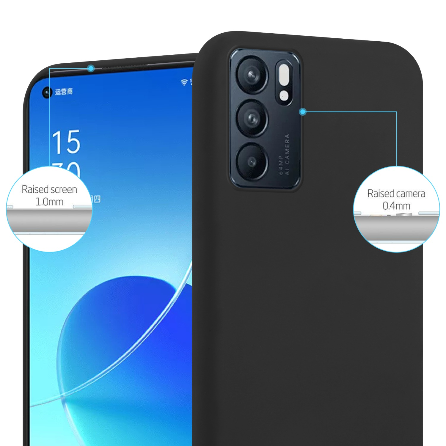 Schwarze Handyhülle mit Telefon. Textdetails angehobener Bildschirm und Kamera. Telefon hat blauen Bildschirm und schwarze Hülle.