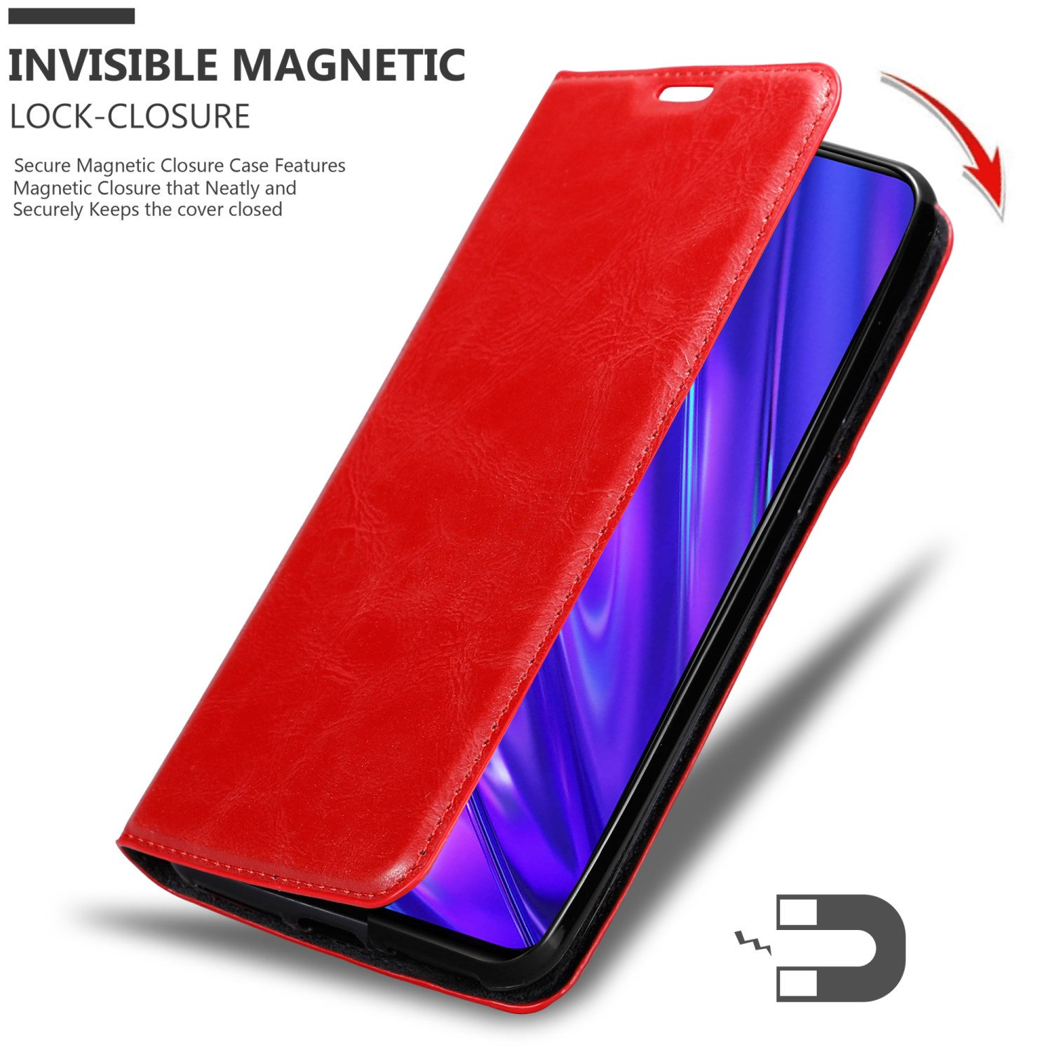 Custodia rossa per telefono con telefono all'interno. Chiusura magnetica. Testo: Chiusura a scomparsa magnetica.