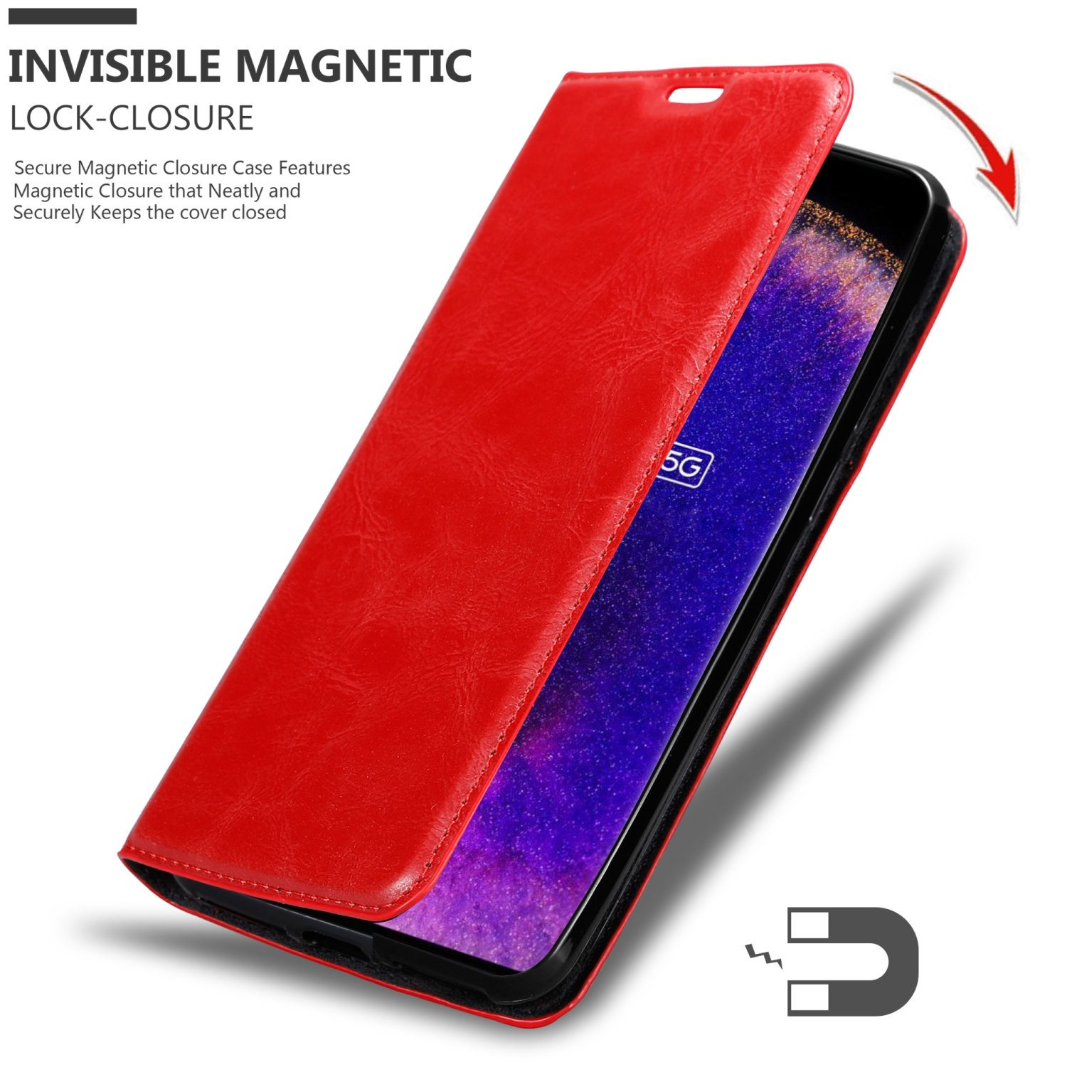 Funda de teléfono roja, parcialmente abierta, mostrando la pantalla. Presenta cierre magnético.