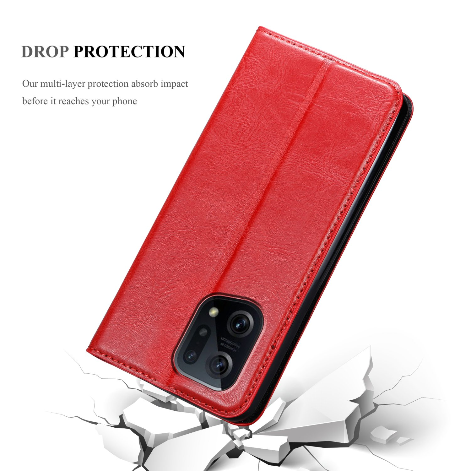 Funda roja para teléfono. Cerrada. Texto de protección contra impactos y fondo agrietado.