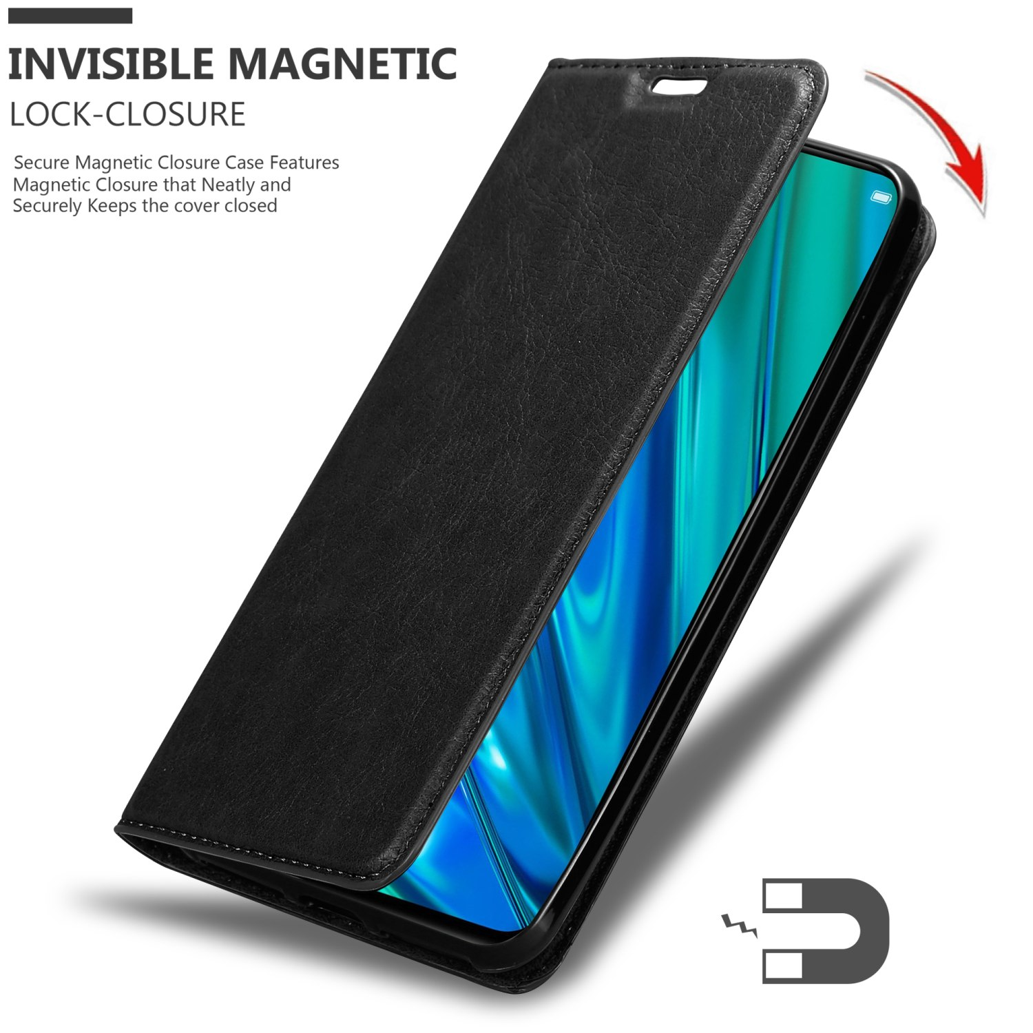 Custodia per telefono nera con un telefono all'interno. La custodia è aperta e mostra lo schermo del telefono. Un magnete è mostrato con una freccia.