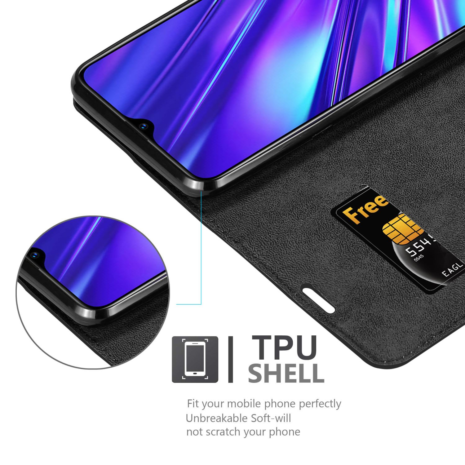 Una custodia nera per telefono è aperta, con un telefono all'interno. Il testo TPU SHELL è visibile. Una carta di credito e una SIM sono visibili.