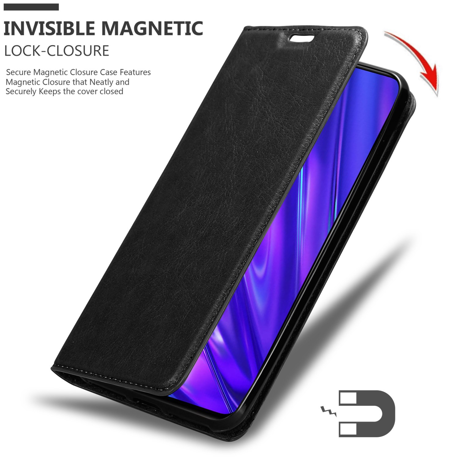 Custodia per telefono nera chiusa, con chiusura magnetica visibile. Il telefono è all'interno.