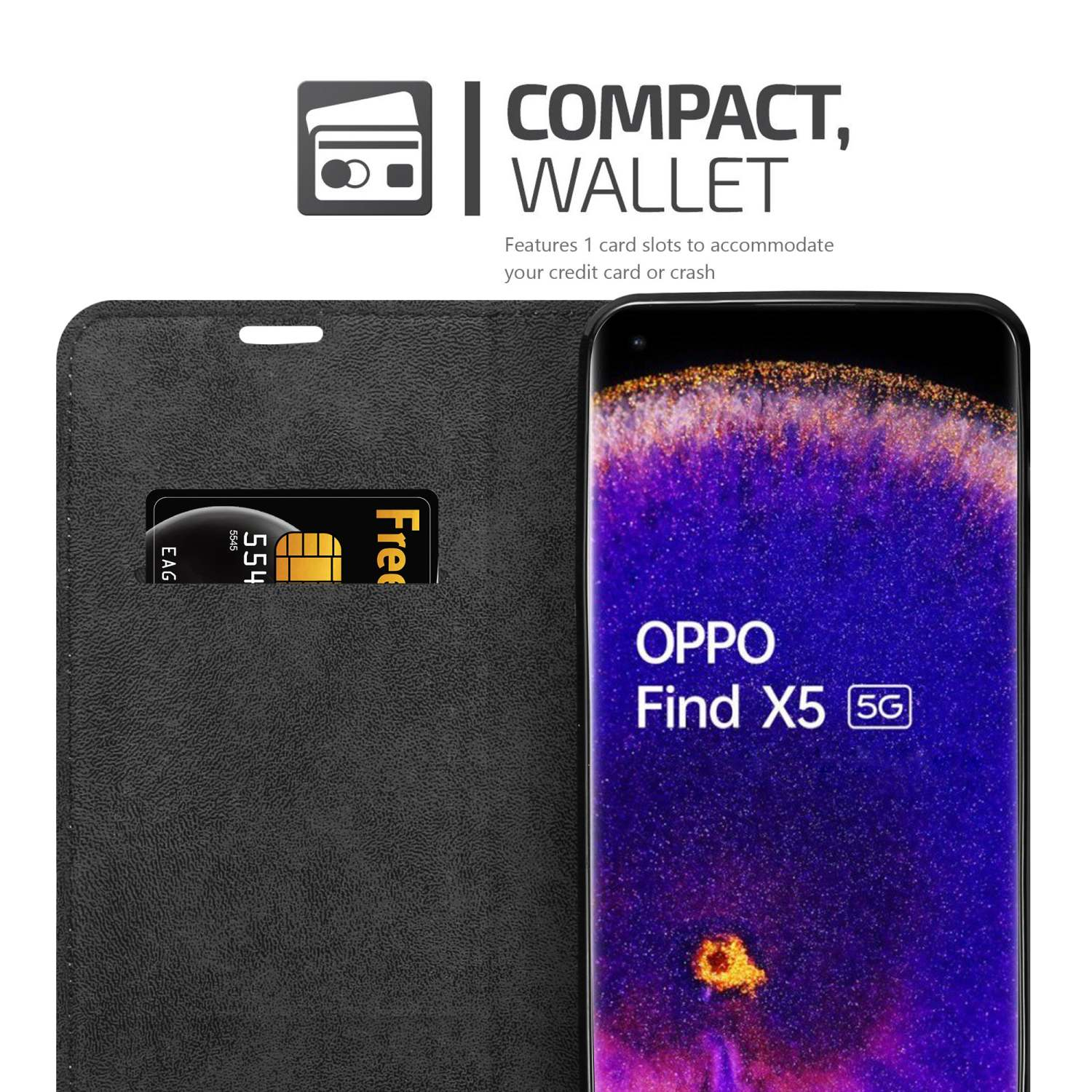Funda negra para teléfono con ranura para tarjeta, sosteniendo una tarjeta y un teléfono OPPO.