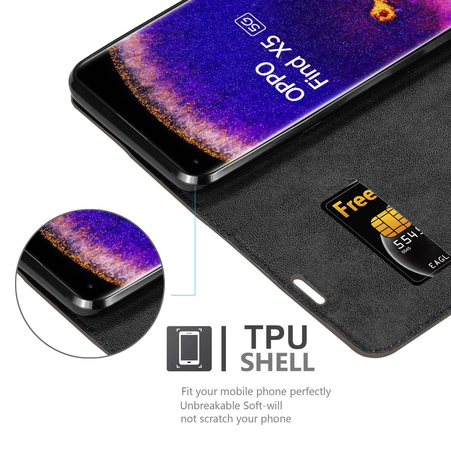 Funda de teléfono negra con solapa abierta, que muestra un teléfono y una tarjeta SIM. TPU SHELL está escrito abajo.