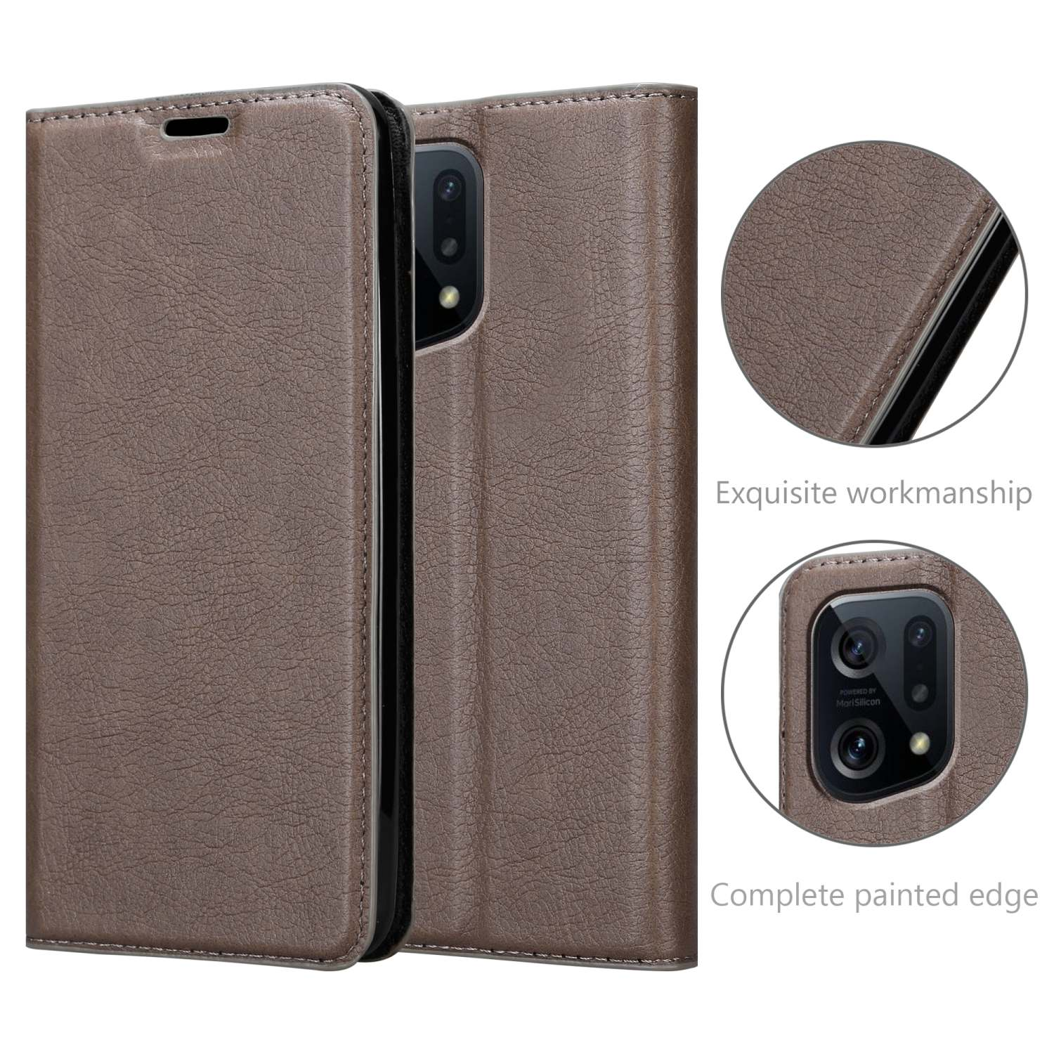 Funda de teléfono marrón abierta. Teléfono dentro. Primeros planos muestran detalles de trabajo y cámara.