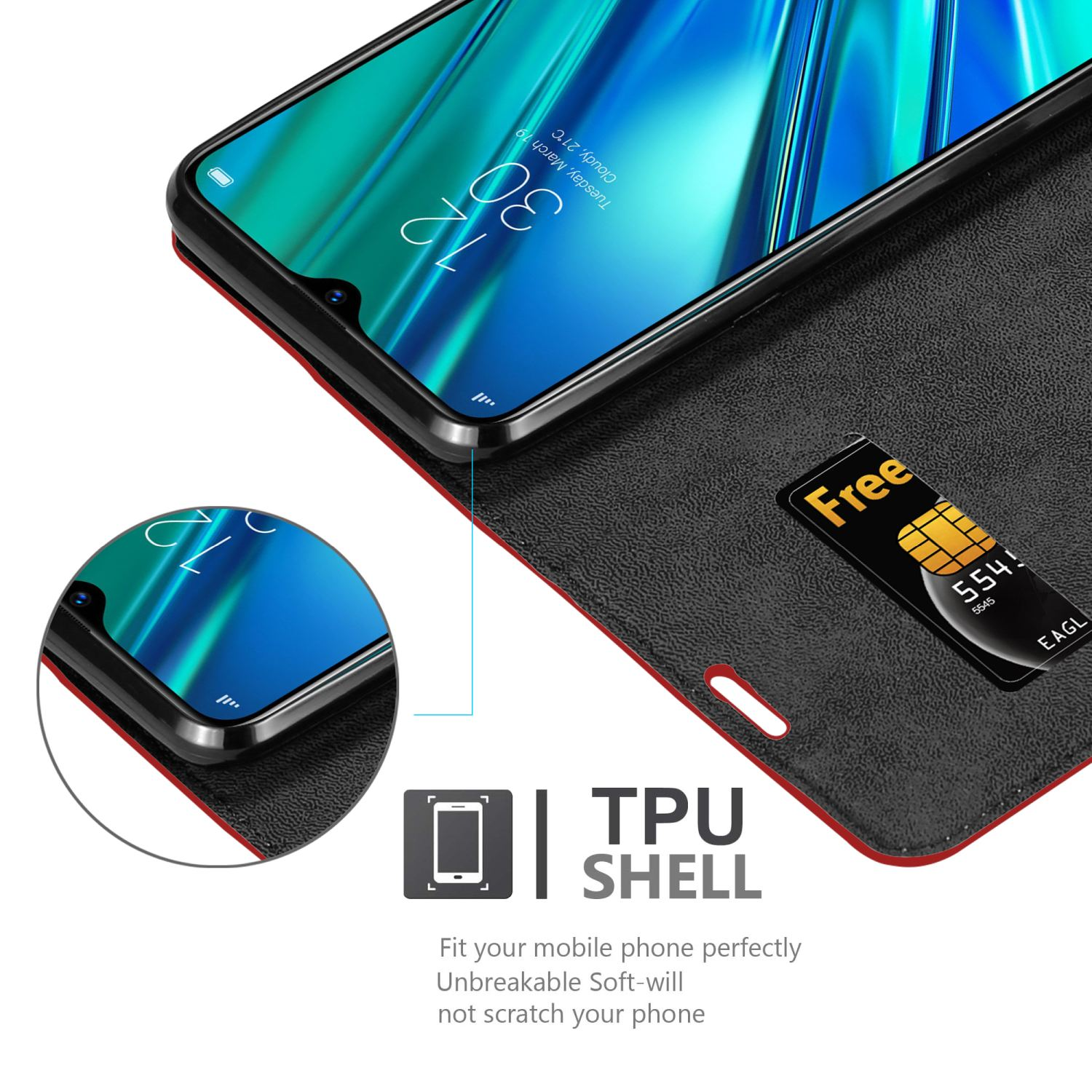 Telefono in una custodia rossa e nera. Testo: Guscio in TPU. Adatta perfettamente il tuo cellulare.