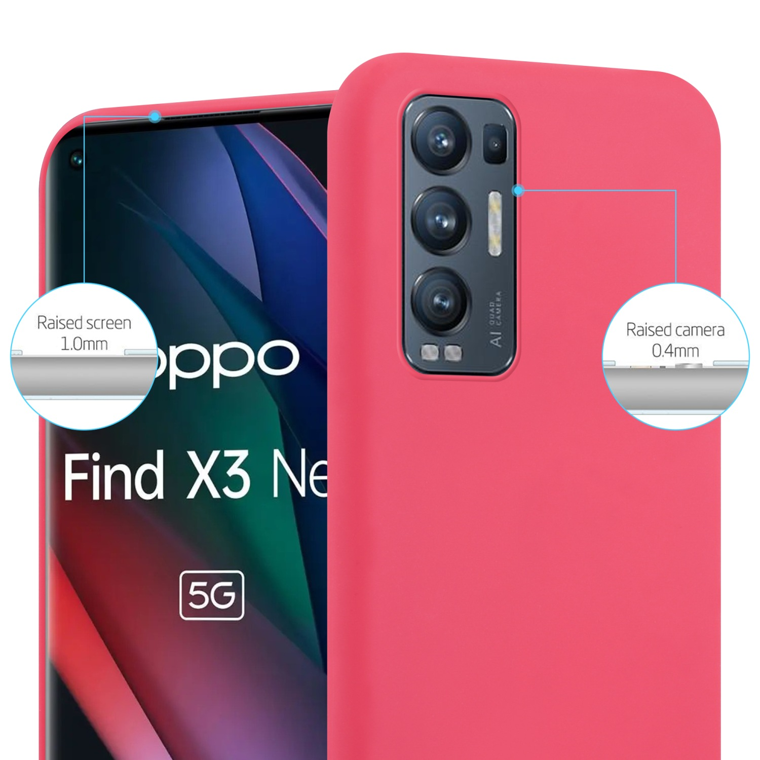 Custodia rossa per telefono con telefono all'interno. Il telefono ha schermo e fotocamera rialzati. La custodia è rossa.