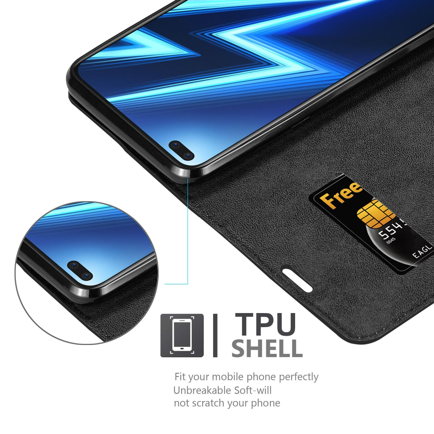 Custodia nera con telefono all'interno, primo piano di una carta e le parole TPU SHELL.