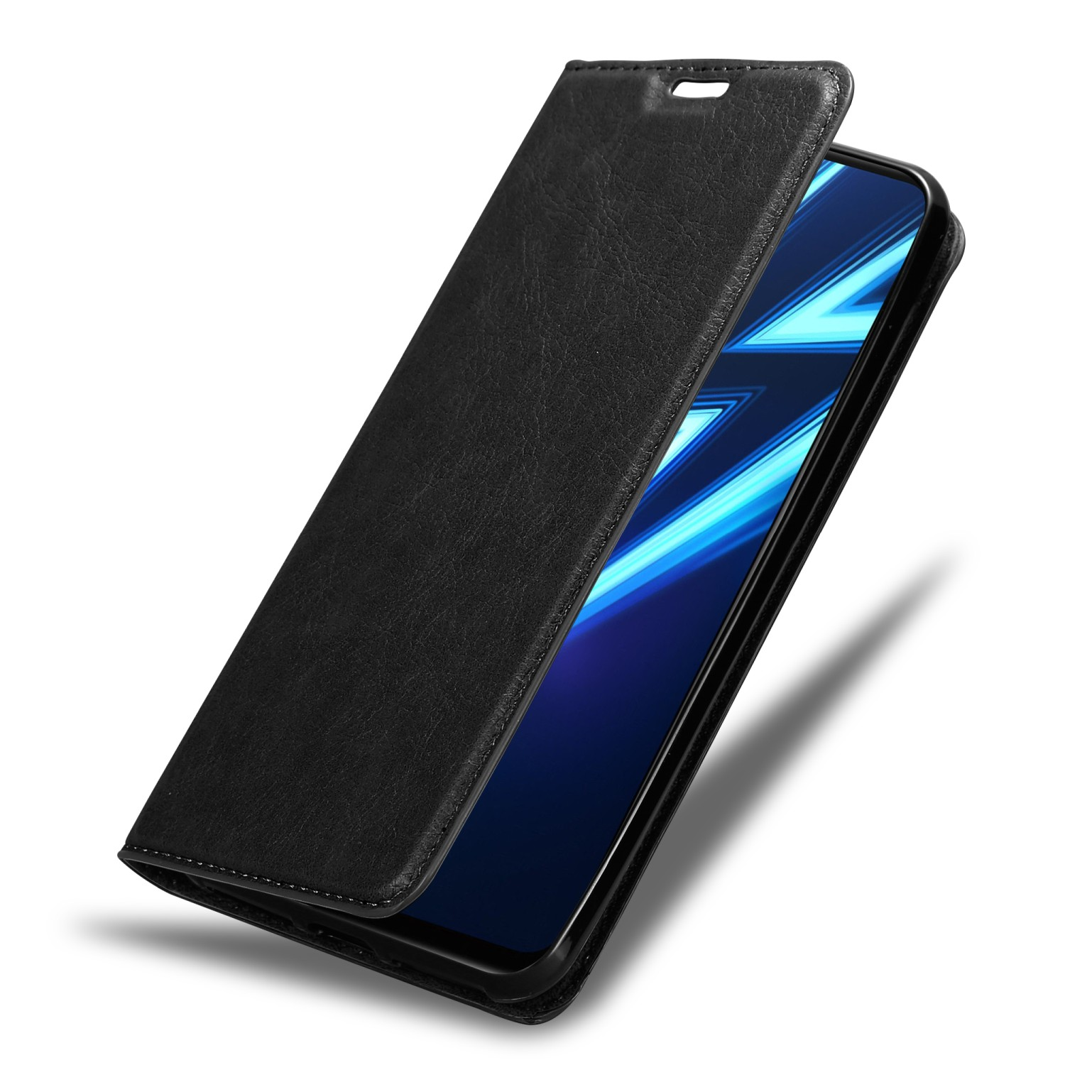 Custodia nera per telefono, aperta con un telefono all'interno. Lo schermo del telefono mostra il blu.