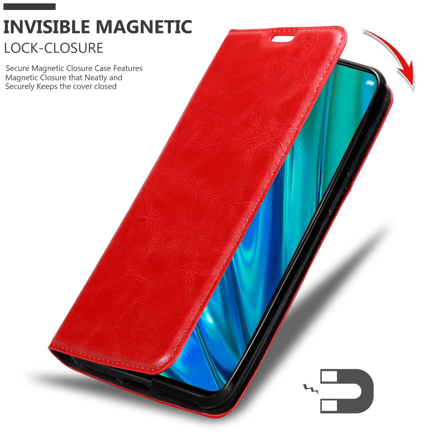 Una custodia rossa per telefono con chiusura magnetica è aperta, mostrando uno schermo del telefono.