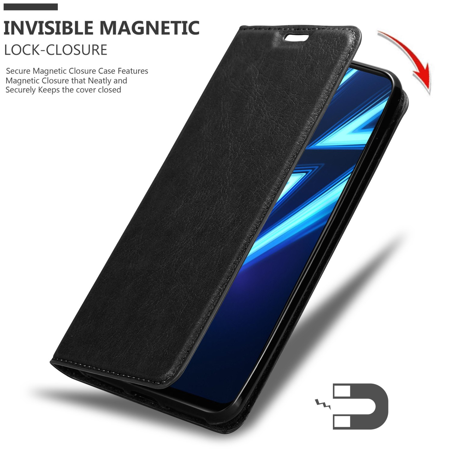 Una custodia per telefono nera è aperta, rivelando uno schermo del telefono blu. Viene mostrata una grafica di chiusura magnetica.
