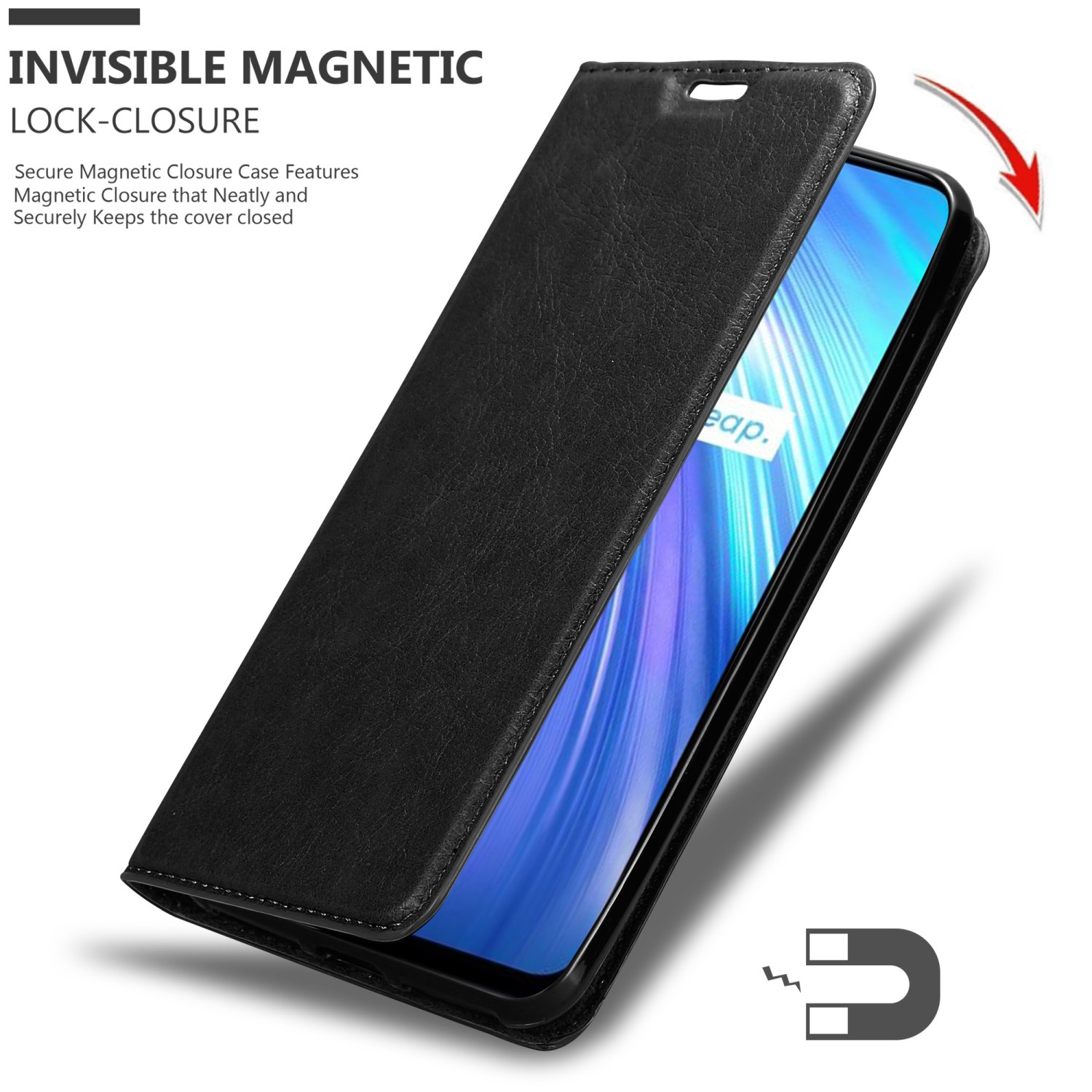 Schwarze Handyhülle geöffnet, zeigt den Telefonbildschirm. Die Hülle hat einen Magnetverschluss. Das Telefon ist schwarz.