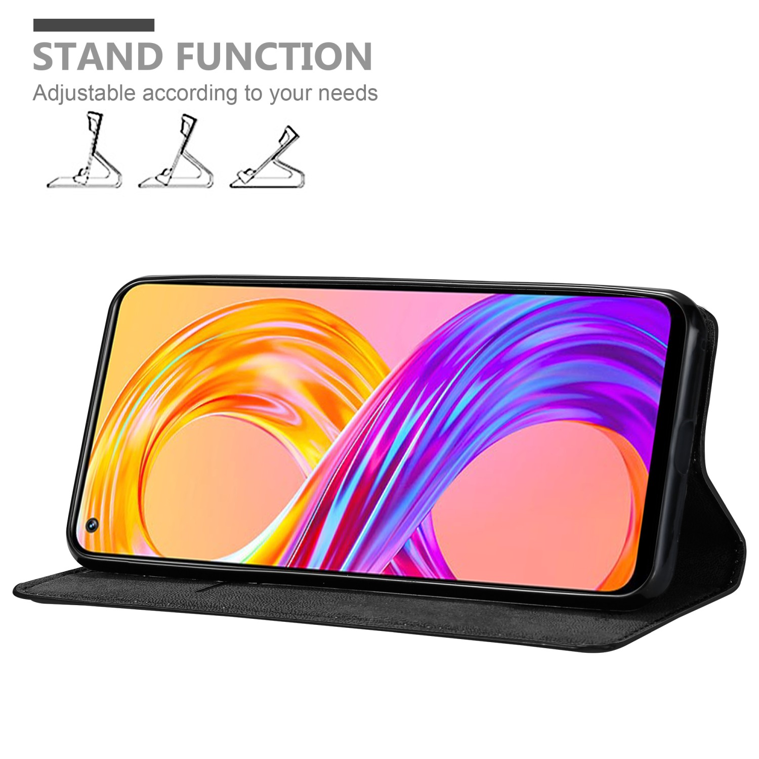 Custodia per telefono nera con telefono visibile, con la scritta 'funzione supporto'.