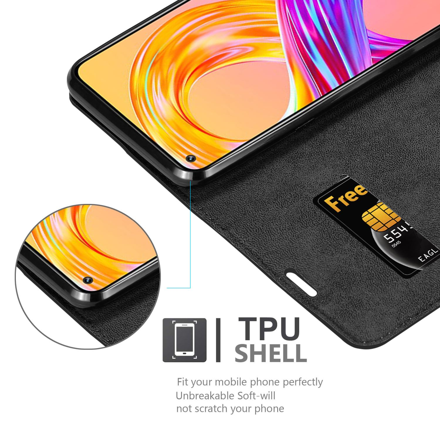 Custodia nera aperta, c'è un telefono dentro. Una SIM card è nella custodia. Testo: TPU SHELL.
