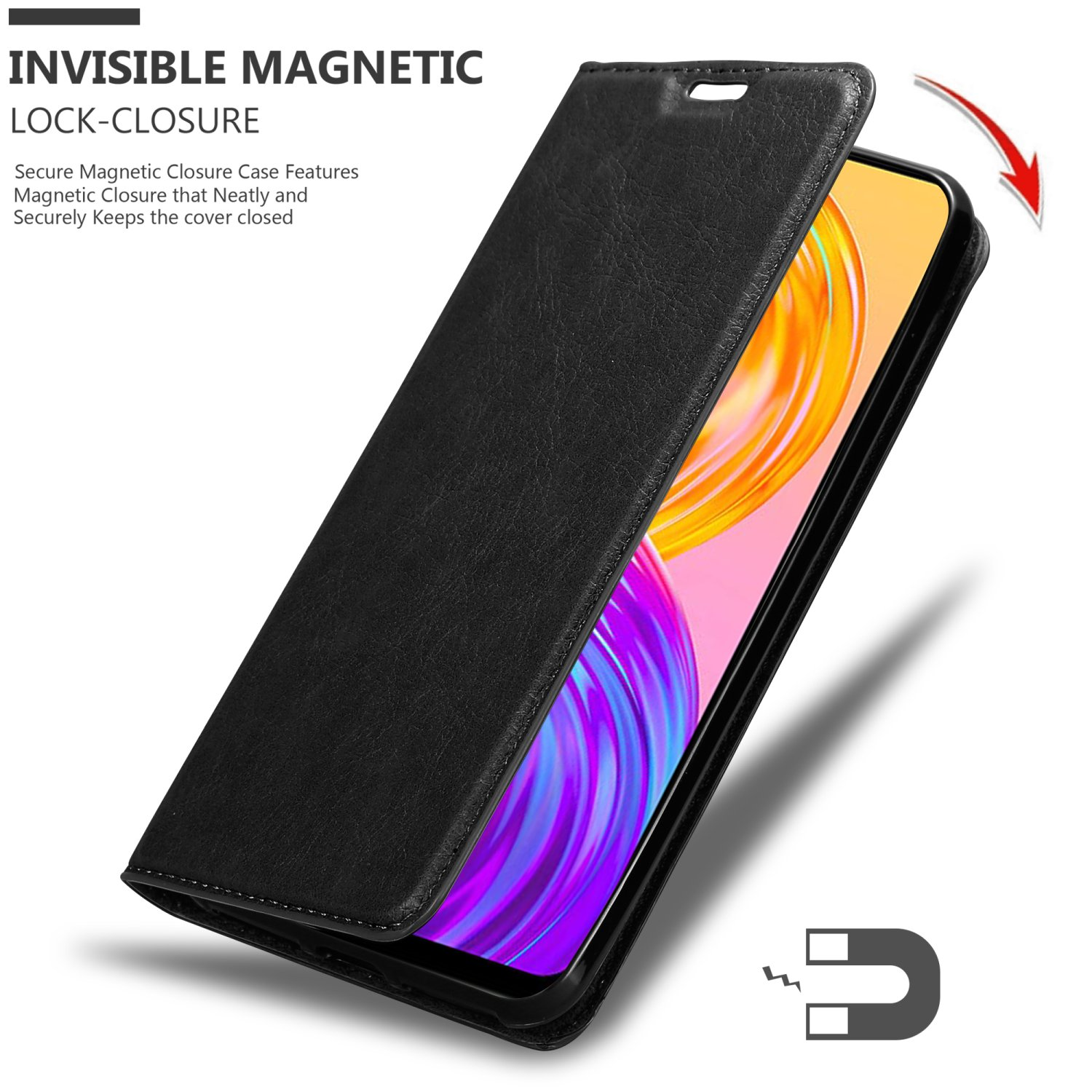 Custodia nera con coperchio chiuso. Ha una chiusura magnetica. Il coperchio è aperto.