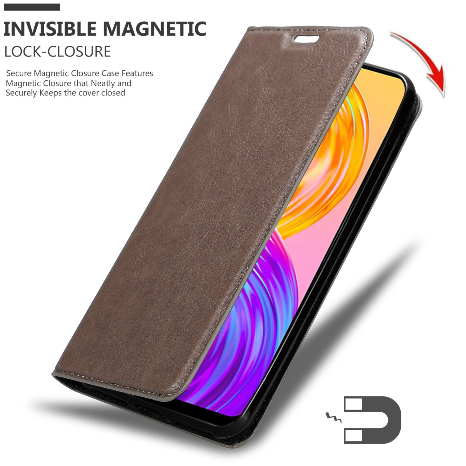 Una custodia per telefono marrone con chiusura magnetica. La custodia è aperta, rivelando il telefono all'interno.