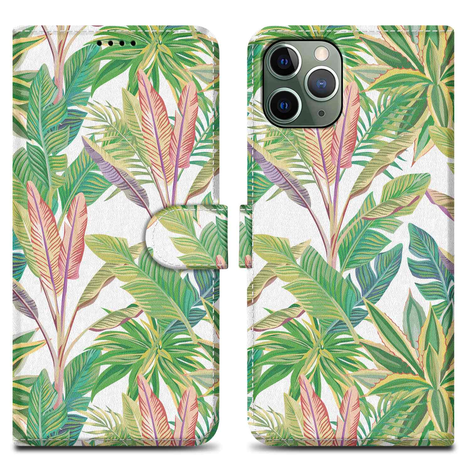 Custodia per telefono con design tropicale. Foglie verdi ed elementi rosa e gialli su sfondo bianco.