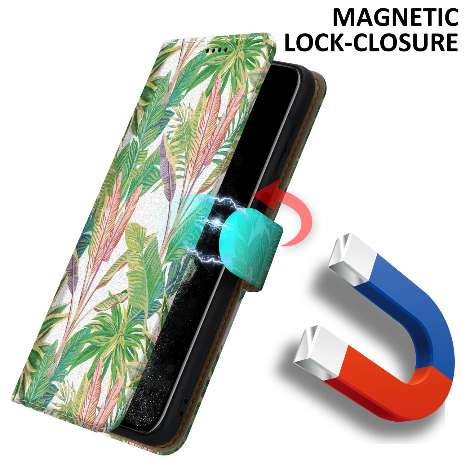 Custodia per telefono con design a foglie, aperta. La calamita sta chiudendo la custodia.
