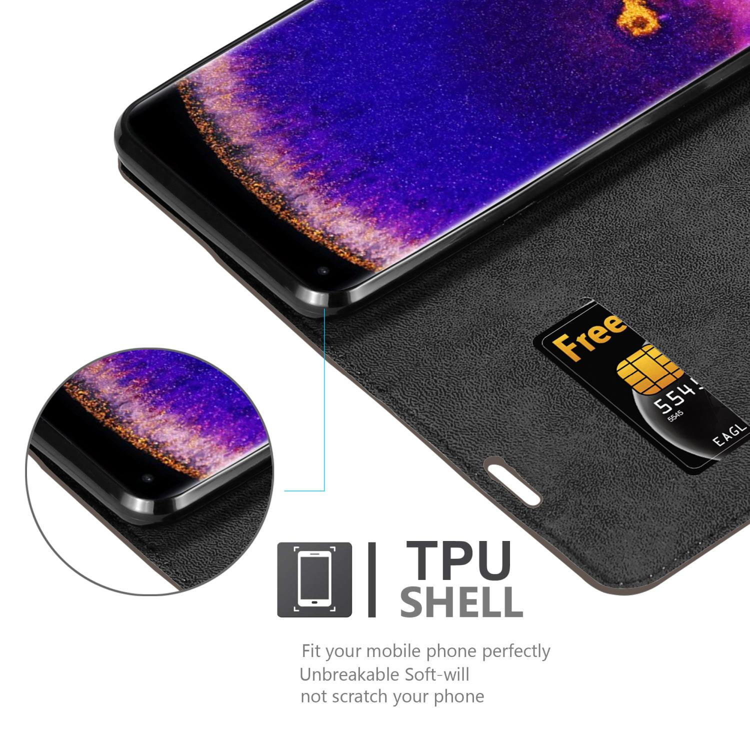Custodia nera per telefono aperta, mostra un telefono. Include carta di credito nello slot. Il telefono ha sfondo viola.