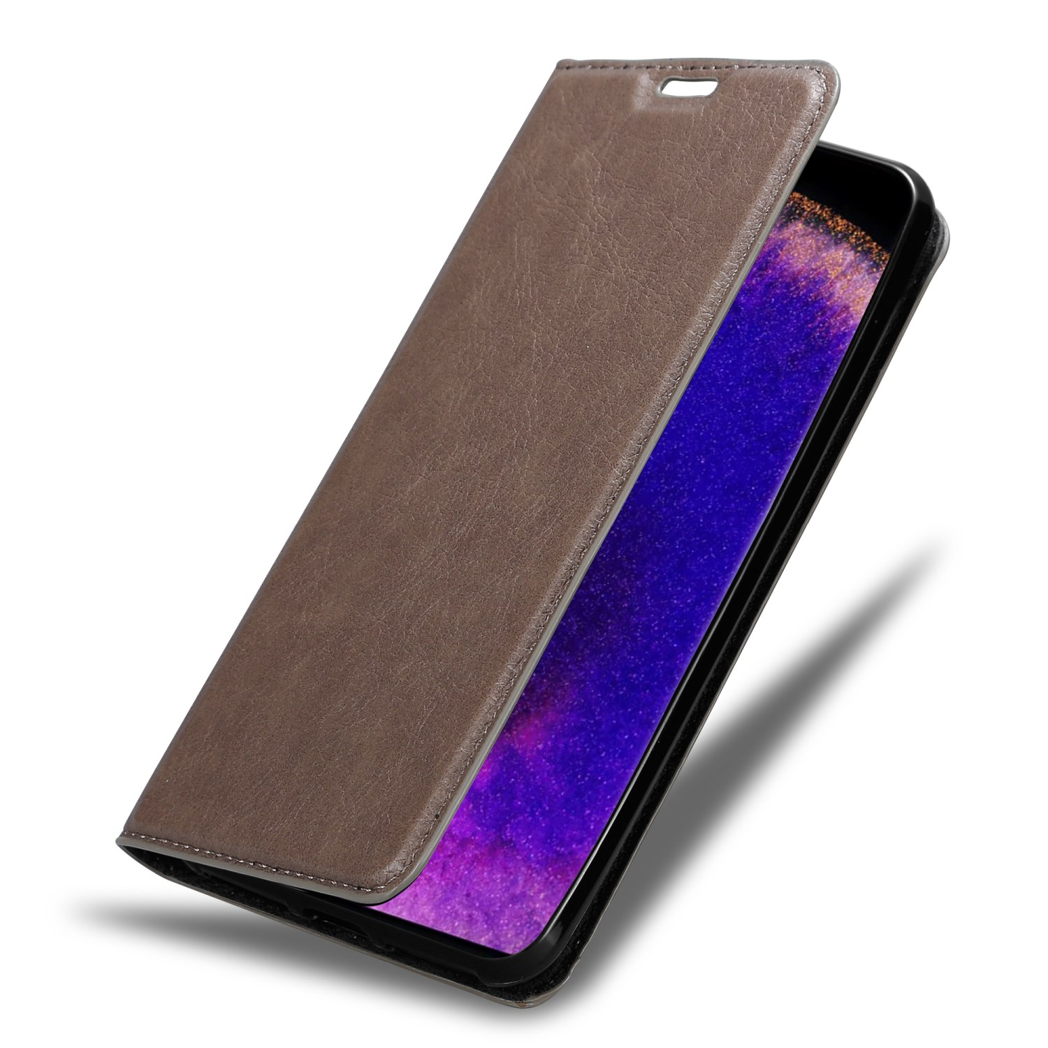 Custodia marrone aperta, rivelando un telefono. Il telefono mostra un display colorato e astratto.