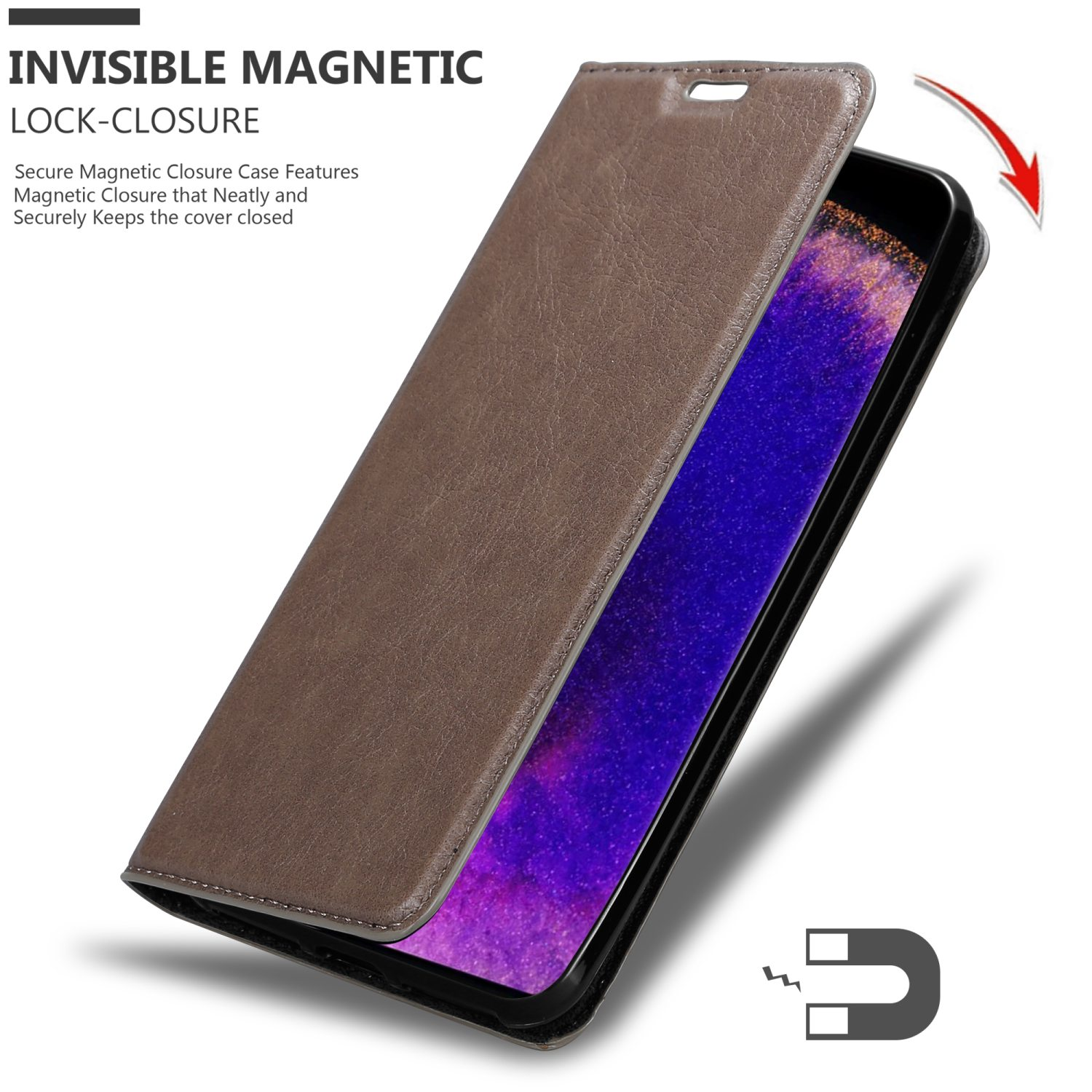 Custodia per telefono in pelle marrone con telefono all'interno con chiusura magnetica. Sfondo bianco.