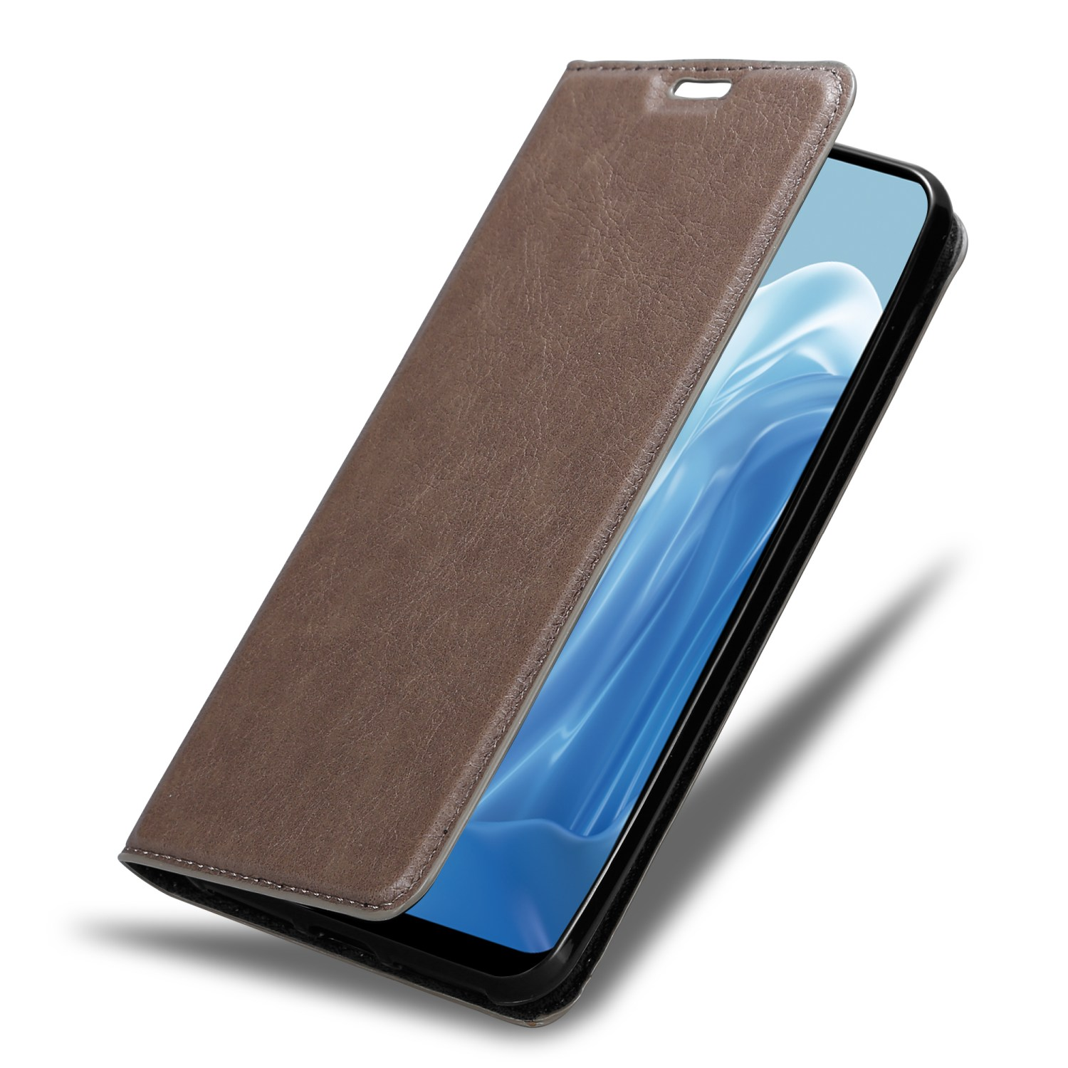 Braune Leder-Handyhülle mit geöffnetem Handy, das einen blau getönten Bildschirm zeigt.