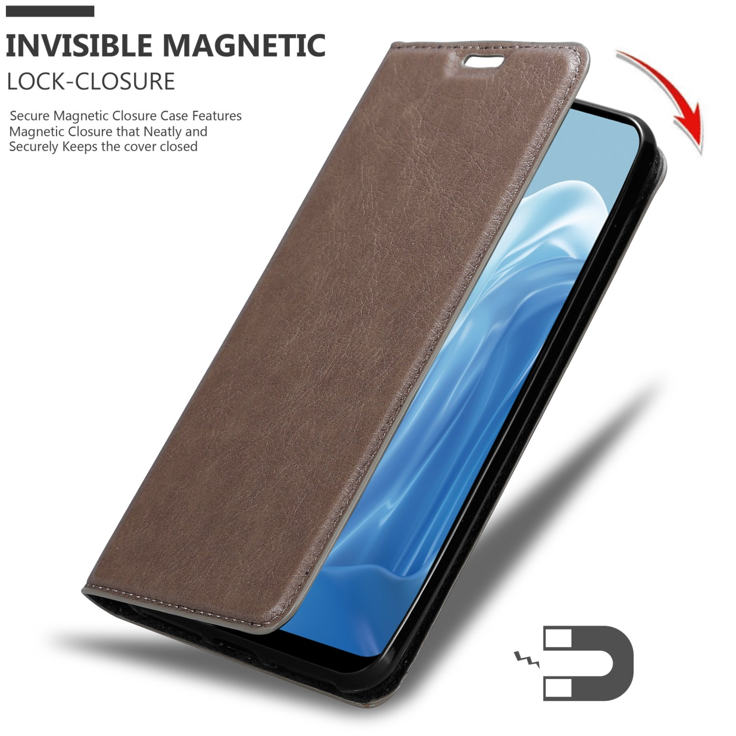 Custodia per telefono marrone aperta, che mostra un telefono. La funzione di chiusura magnetica è evidenziata.