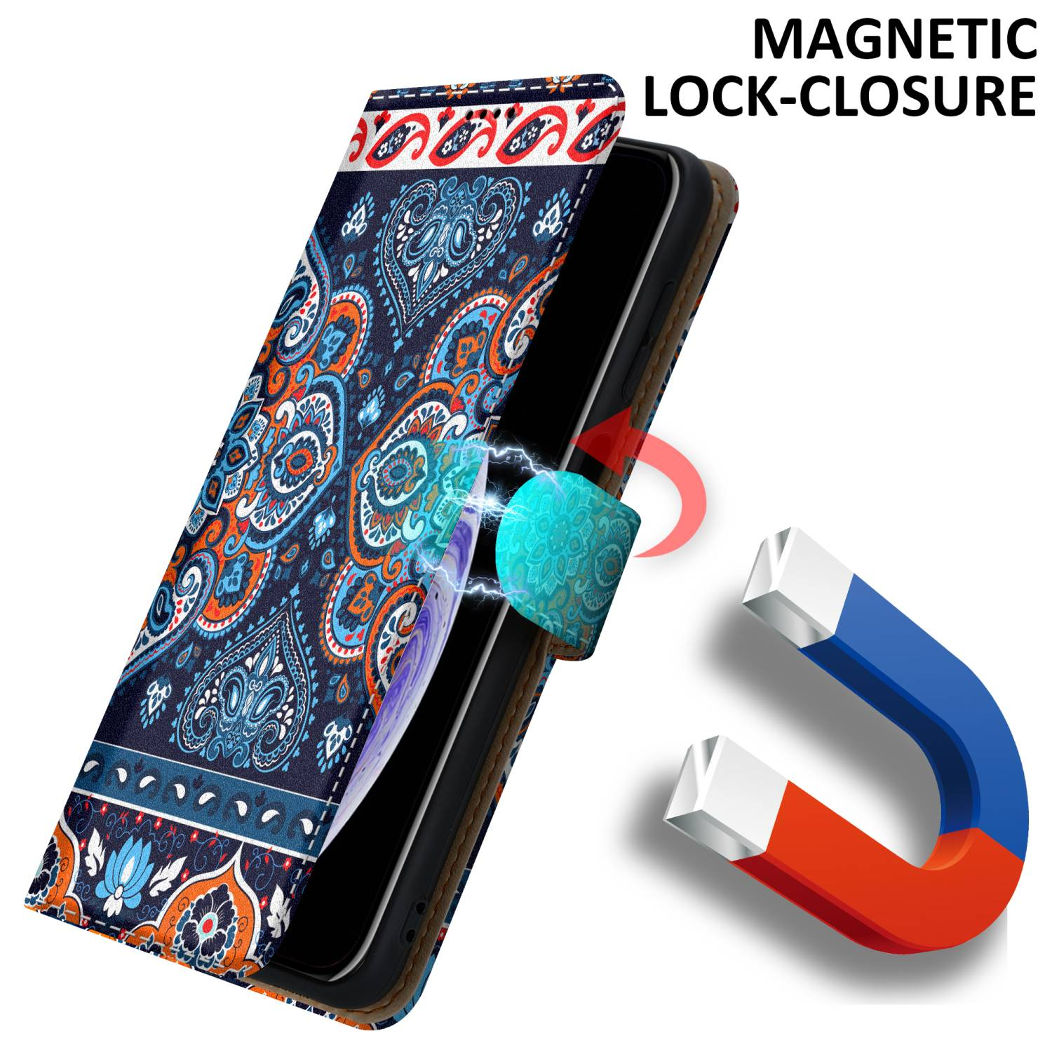 Custodia per telefono con design paisley. Chiusura magnetica. Viene mostrato un magnete. Custodia del telefono aperta.