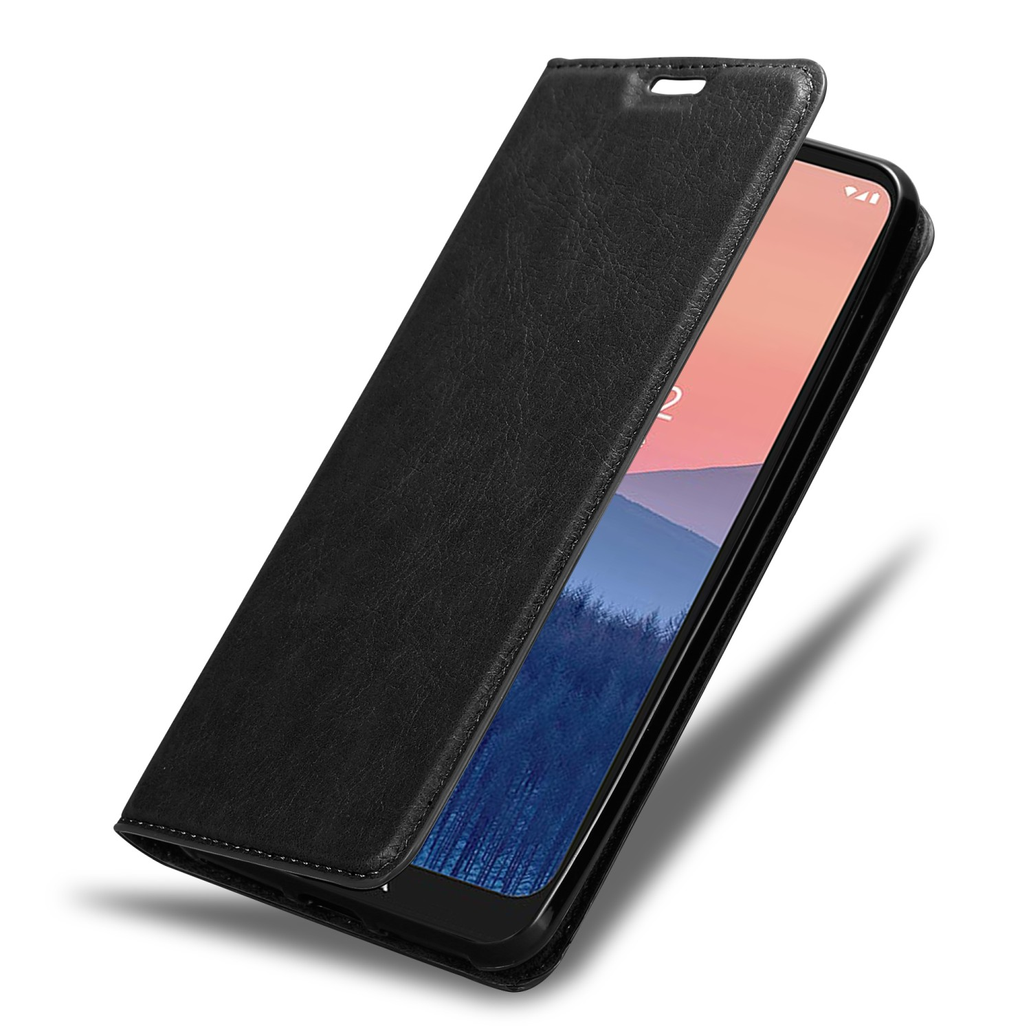 Schwarze Handyhülle, geöffnet, um ein Handy zu zeigen. Der Bildschirm zeigt eine bunte Landschaft.