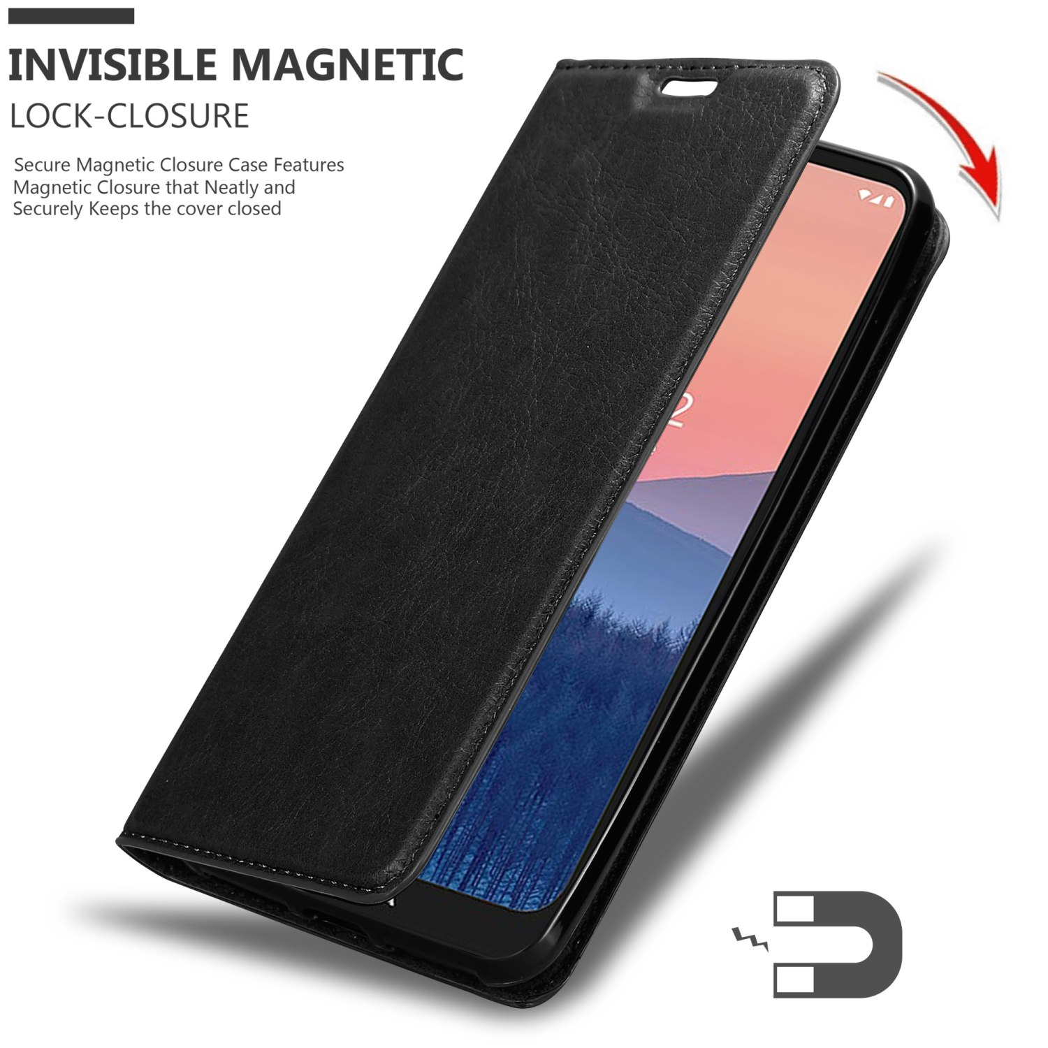 Schwarze Handyhülle offen, Telefon sichtbar. Text: Unsichtbarer Magnetverschluss. Magnetbild unten.