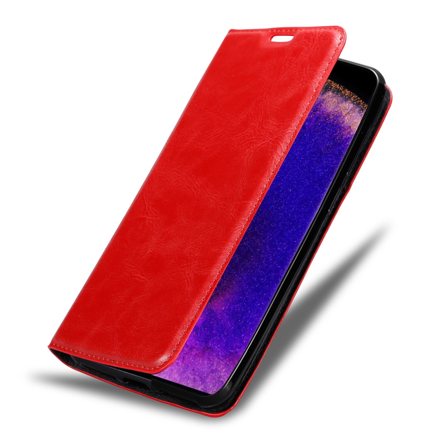 Custodia per telefono rossa aperta, che rivela il telefono. Lo schermo mostra un motivo viola e blu.