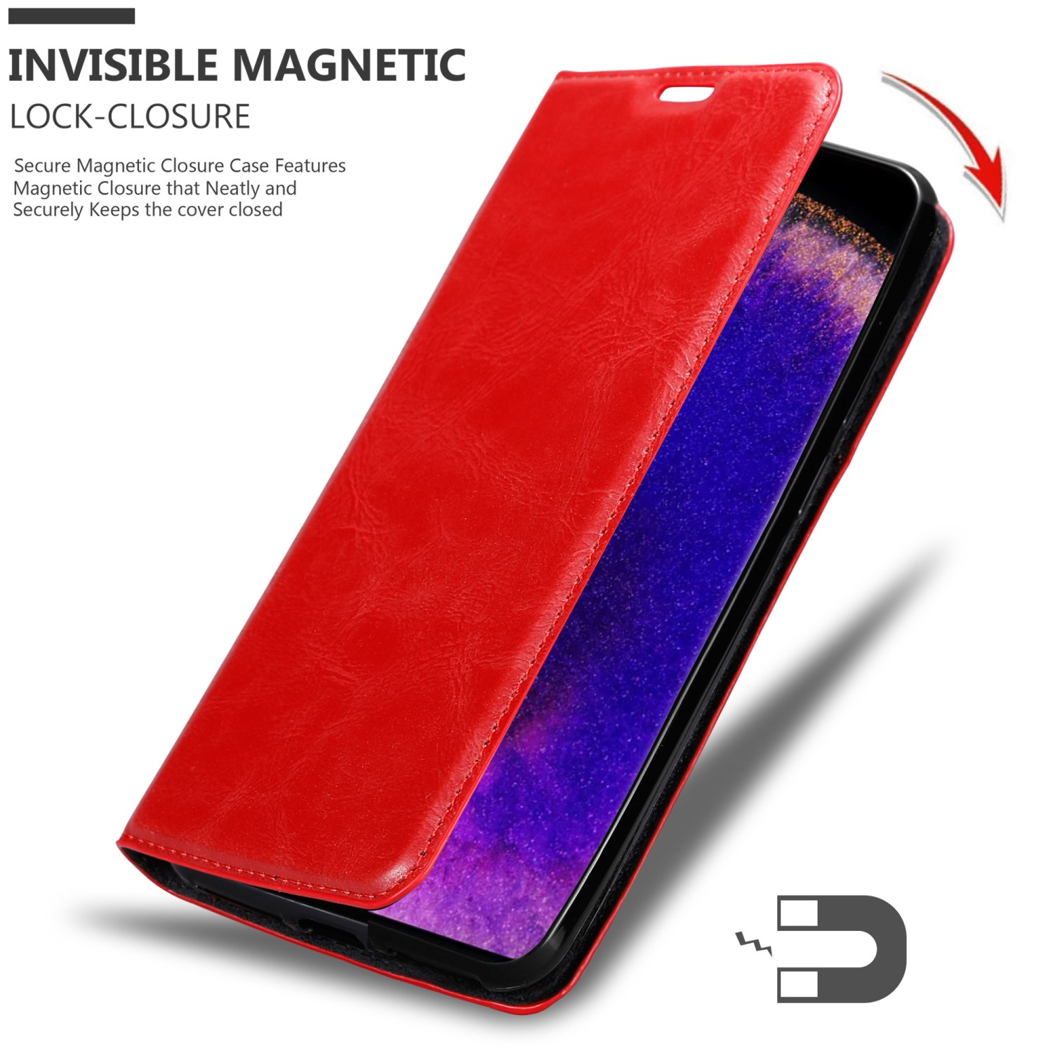 Custodia per telefono rossa con chiusura magnetica. La custodia si apre per rivelare il telefono.