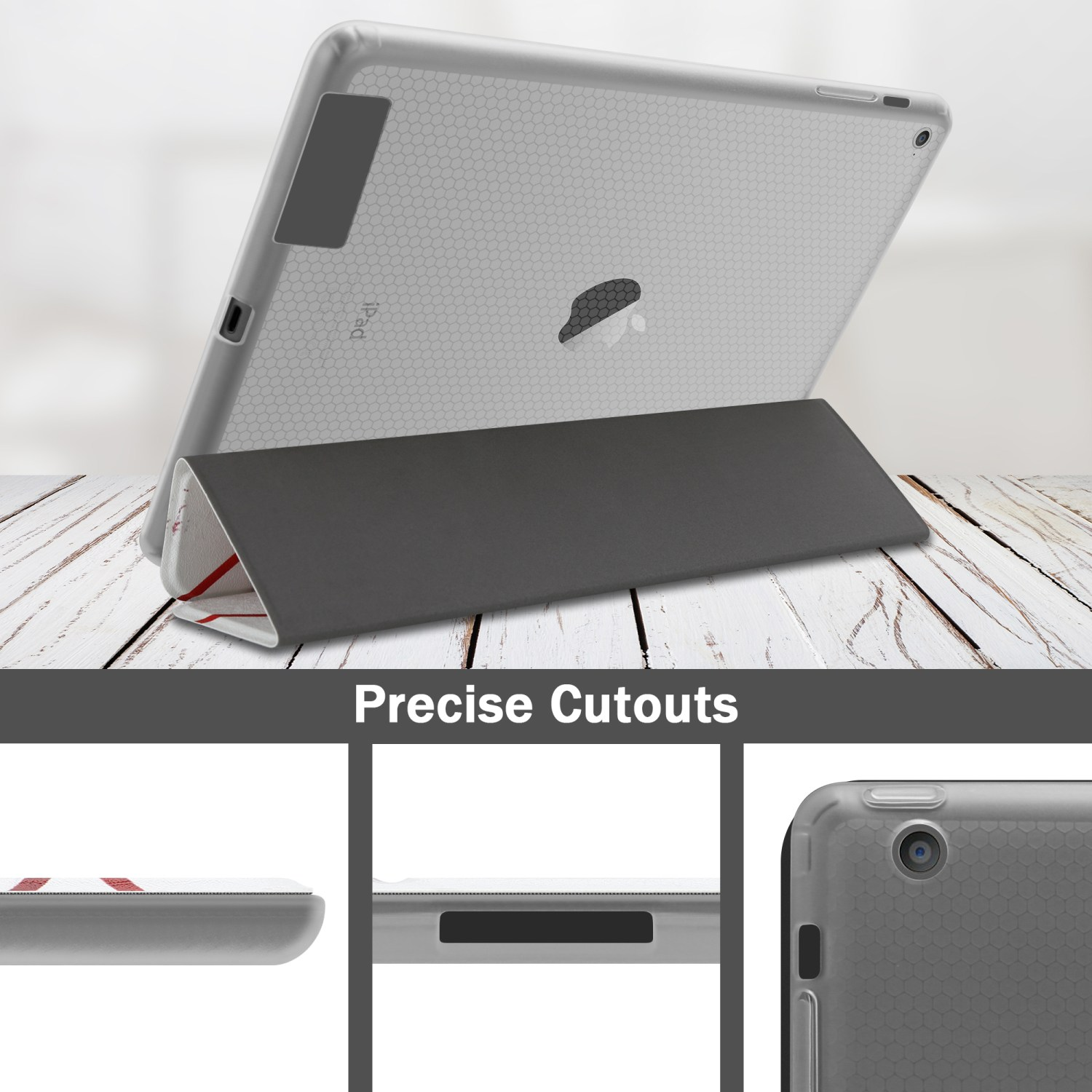Custodia per iPad con funzione stand e ritagli precisi. La custodia è grigia e ha un motivo a nido d'ape. Dettagli mostrati.
